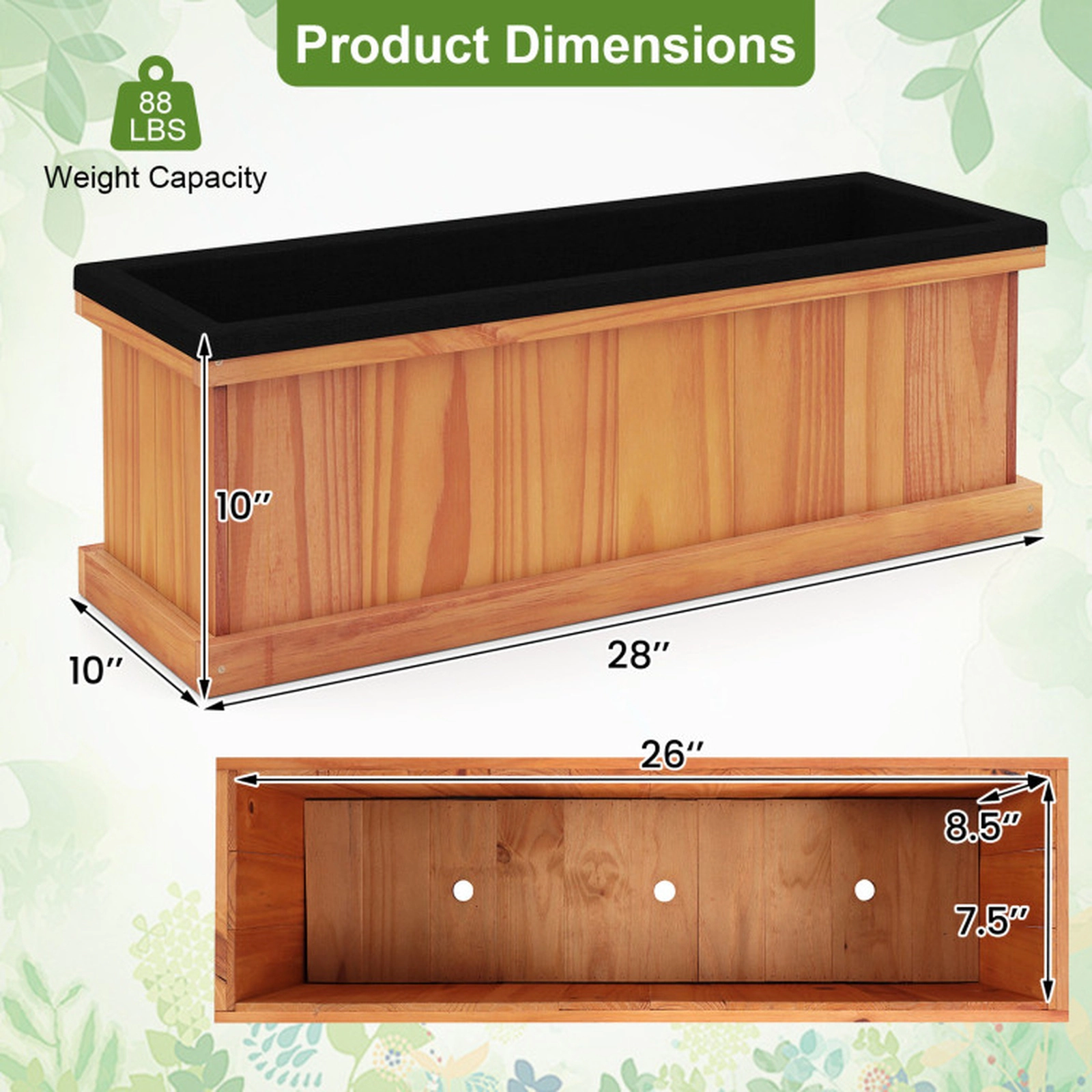 SUGIFT 88-lb Capacity 28-in Pine Wood Raised Garden Bed Planter Box with Drainage Holes Liner and Detachable Base