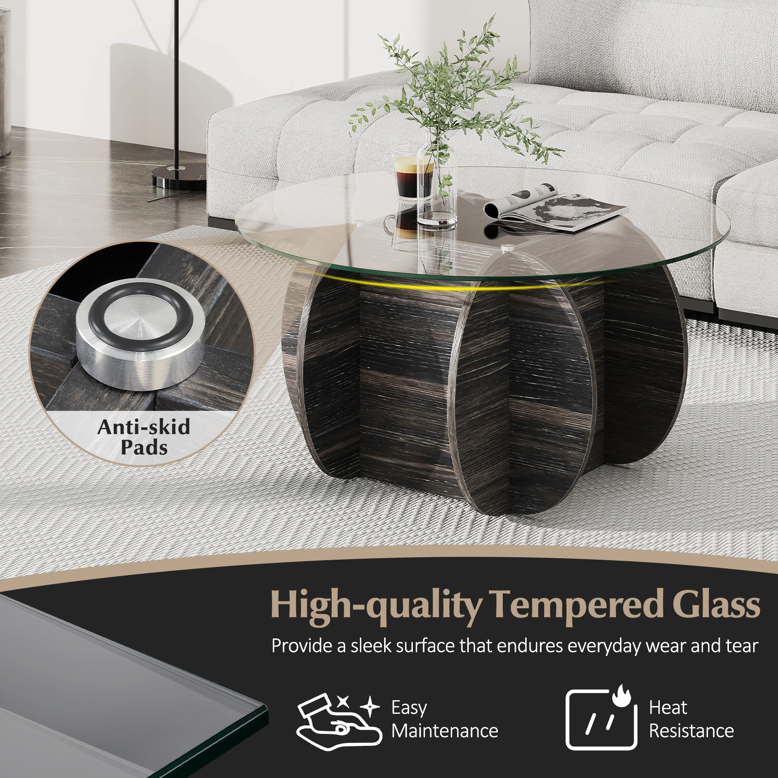 Glintex 35-Inch Round Coffee Table with Glass Top and Hidden Compartment, Dark Rustic Oak