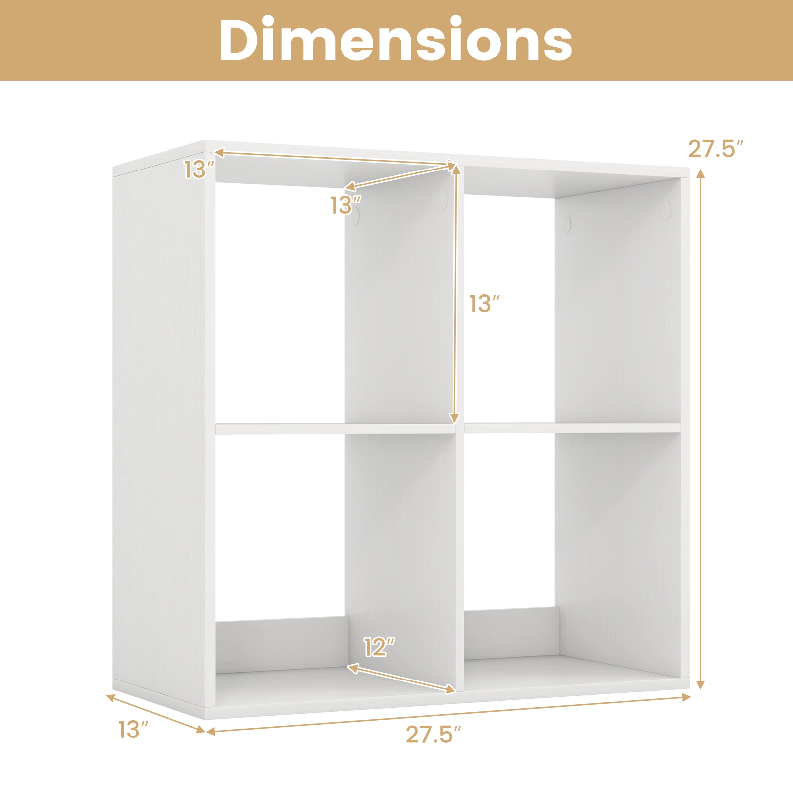 SUGIFT 4-Cube Engineered Wood Bookshelf with Back Guardrail 100-lb Tabletop Capacity 22-lb Cubes 27.5-in Frame White
