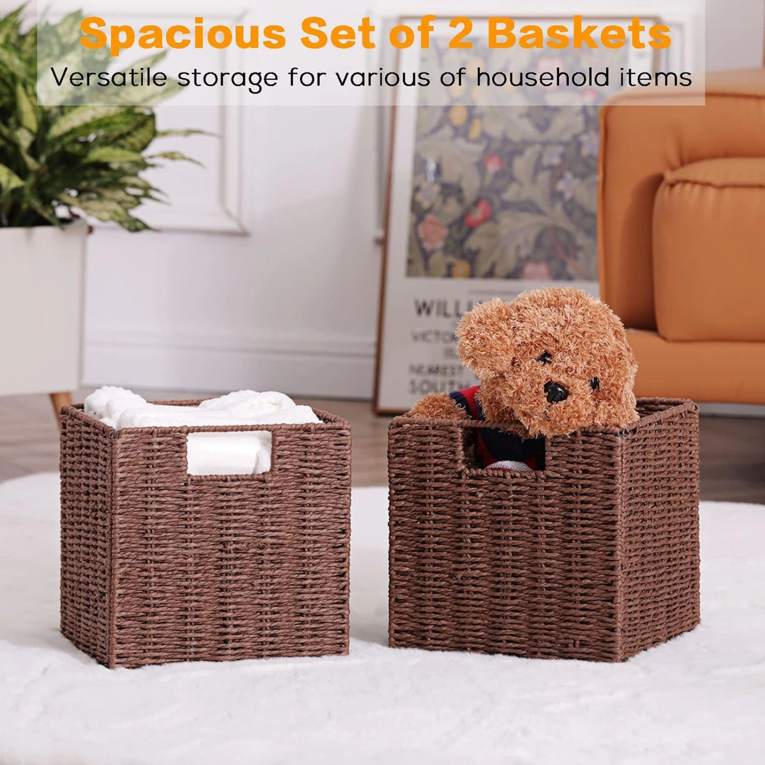 Stock Preferred Pack of 2 Hand Woven Wicker Storage Baskets with Handles 9 Inch