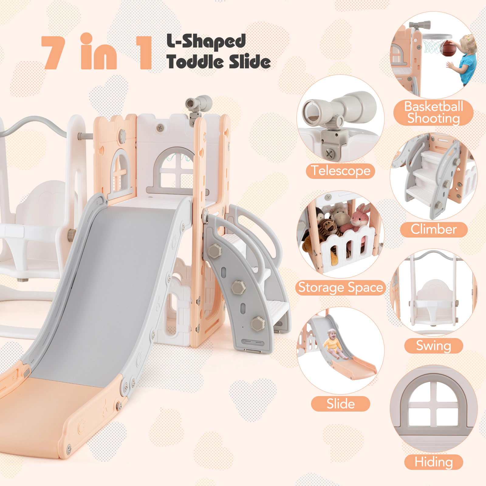 SUGIFT 7-in-1 Toddler Swing & Slide Set L-shaped with Ladder & Basketball Hoop 110-lb Capacity Ages 1-3 Pink & White