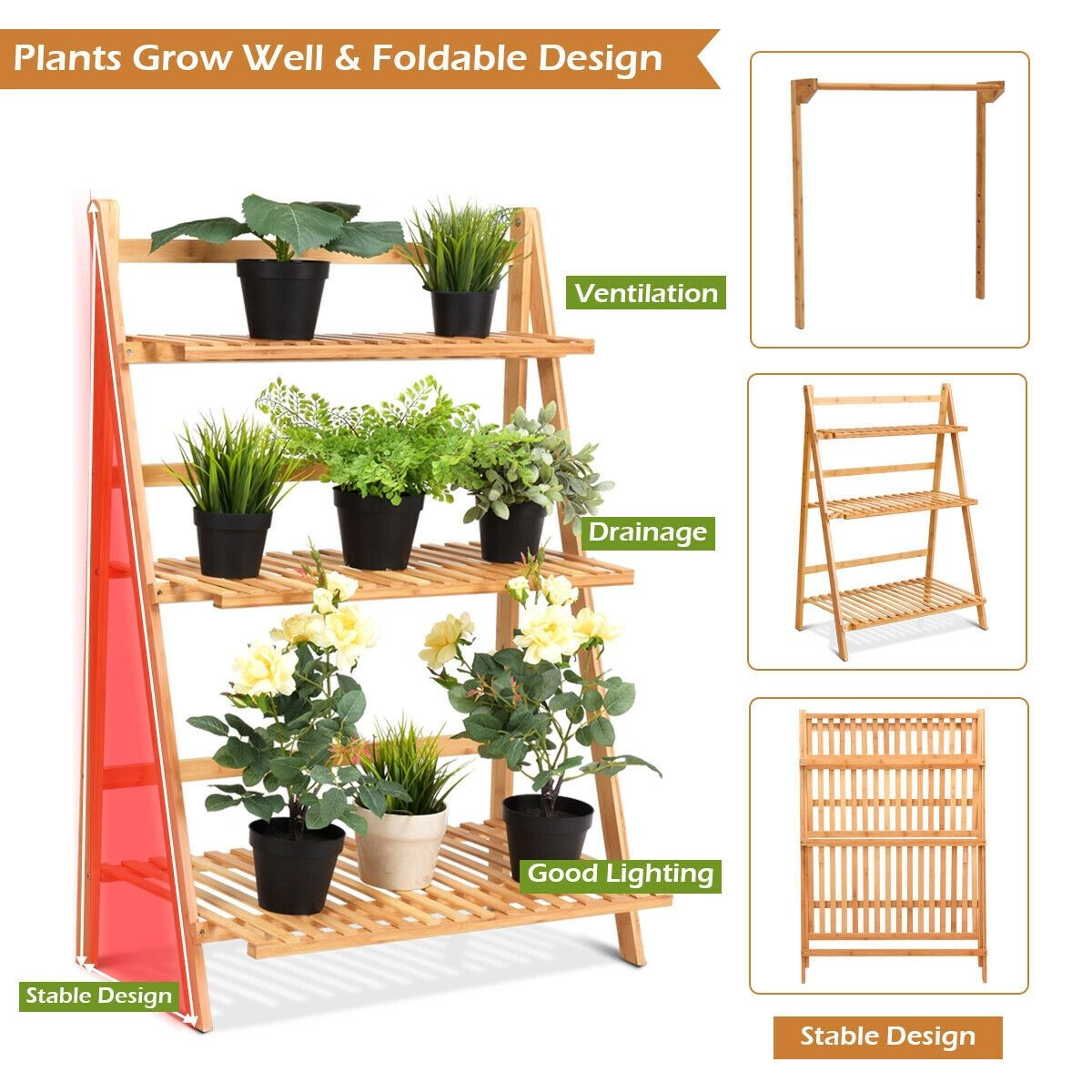 SlickBlue Unisex 3-Tier Indoor Outdoor Plant Stand with Hanging Rod