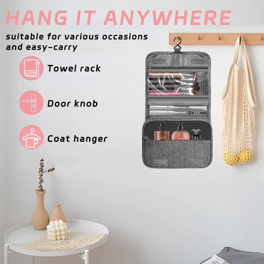 Positive Vibes Womens Gray Waterproof Toiletry Bag With Hanging Hook