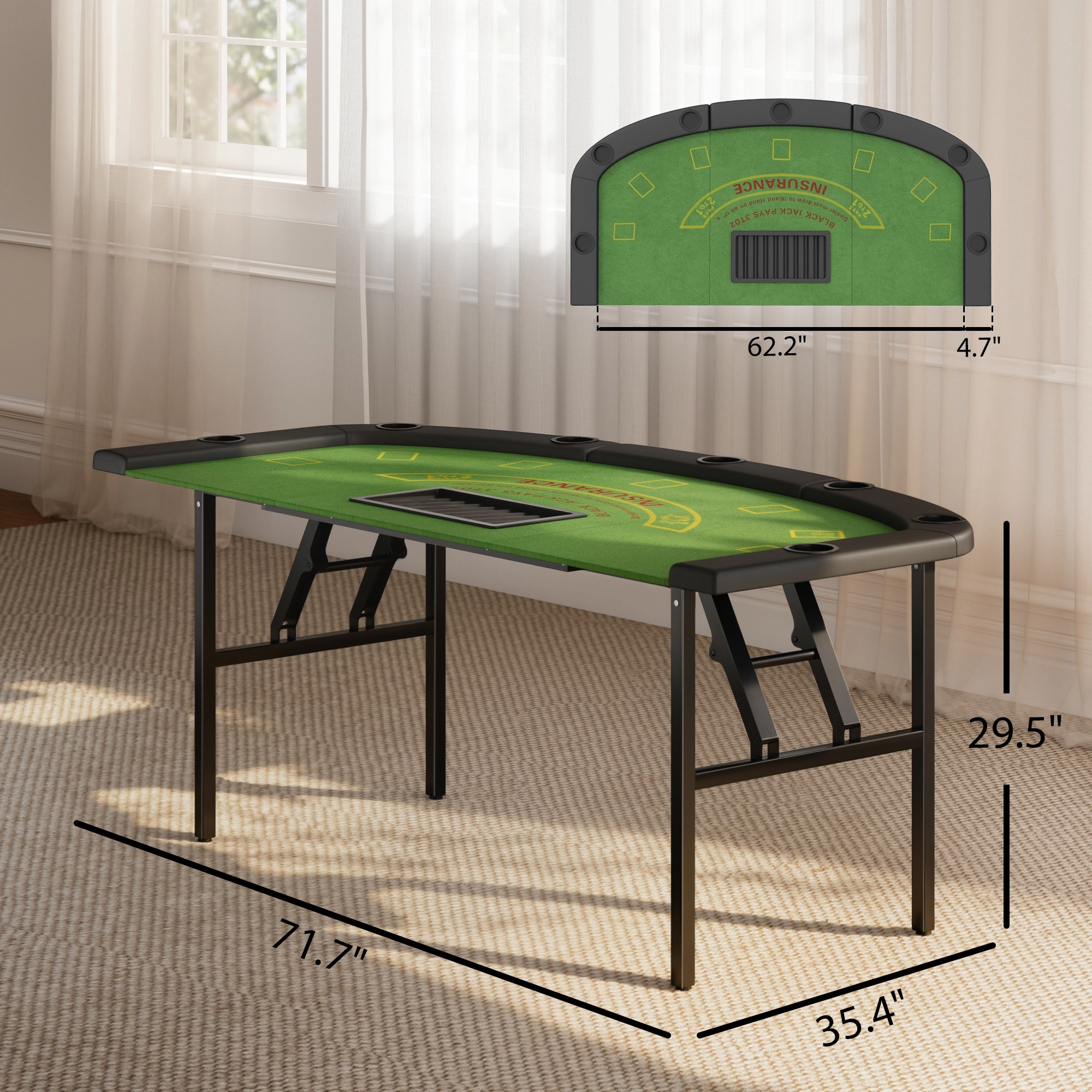 HONGGE Poker Table Foldable, 72" Portable Casino Blackjack Table for 8 Players with Felt Surface, Cup Holders