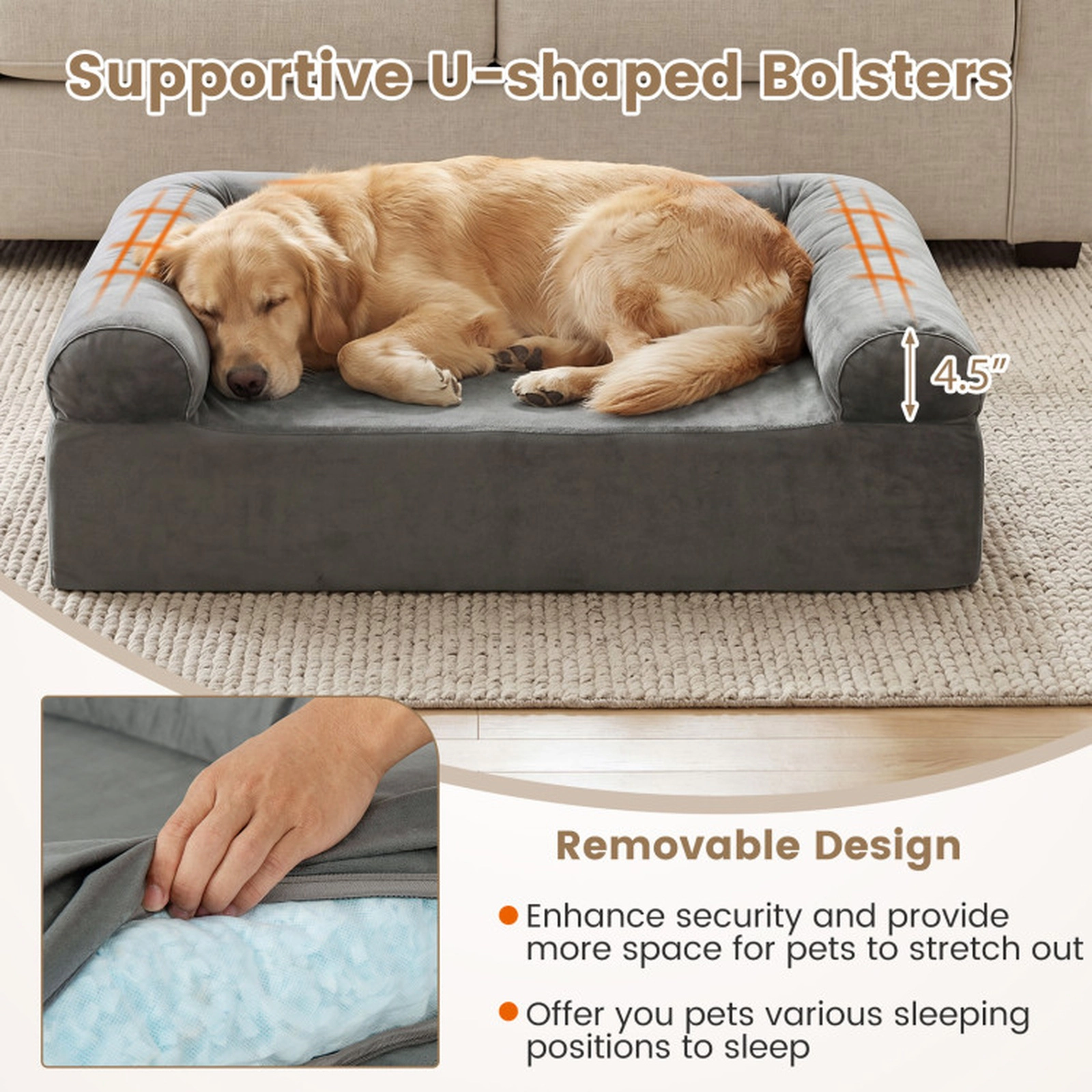 SUGIFT Dual-Sided Cooling Gel Memory Foam Pet Bed with 3-Sided Bolsters for Small to Medium Dogs Dark Gray