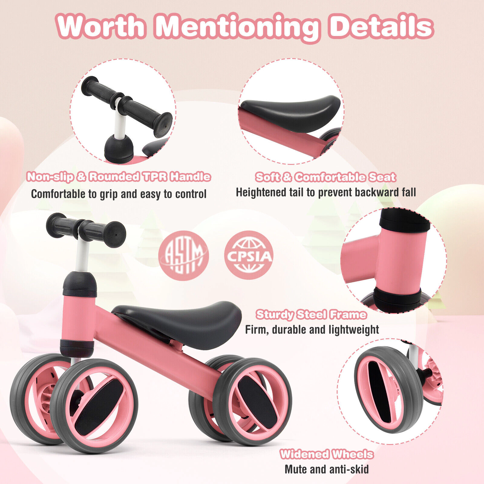 SUGIFT 4-Wheel Baby Balance Bicycle Toy with Steel Frame 44-lb Capacity Ages 1-2 Years Pink