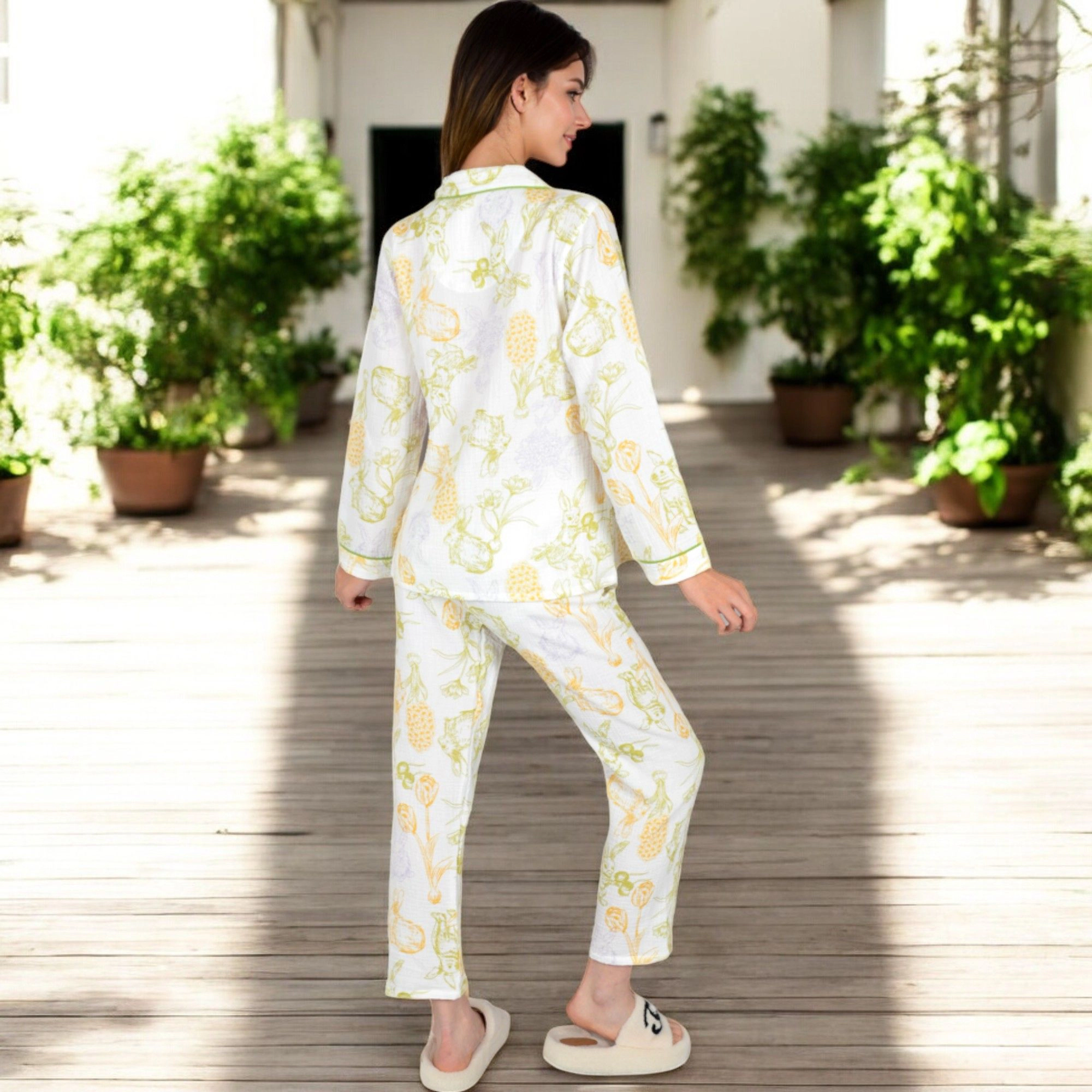 Anna-Kaci Women's Printed Gauze Pajama Set with Button Up Shirt and Relaxed Fit Pants
