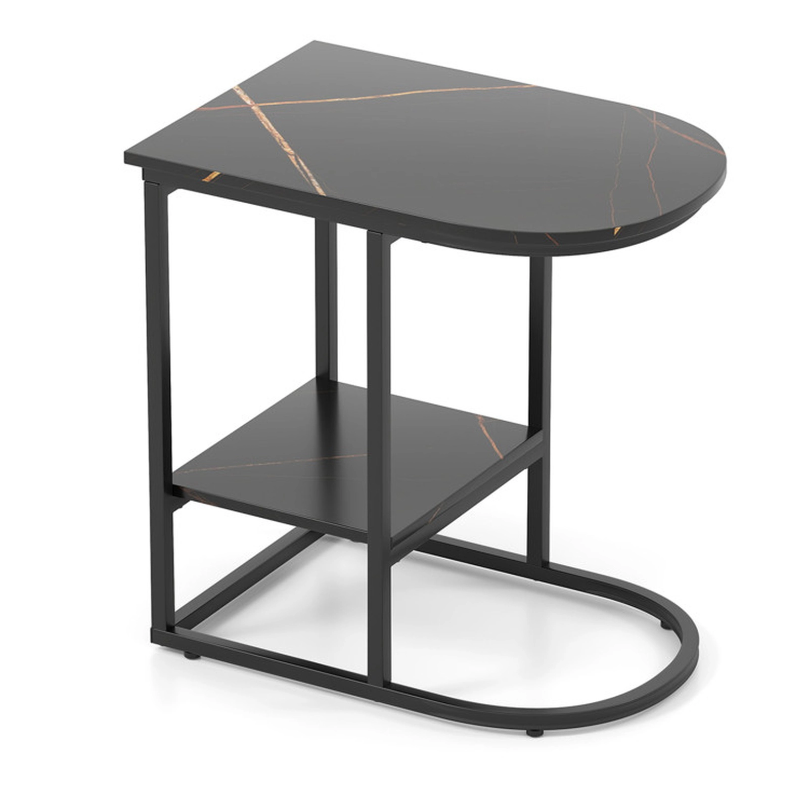 SUGIFT C-Shaped Modern Sofa Side Table Faux Marble Tabletop & Storage Shelf 66-lb Tabletop Capacity 22-lb Shelf Capacity