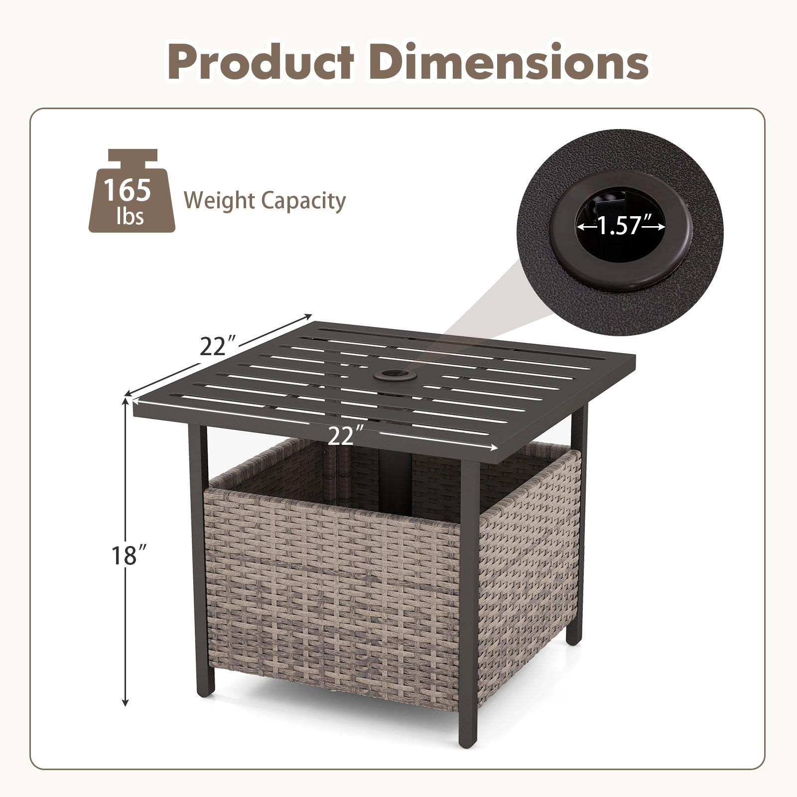 SUGIFT Outdoor Patio Rattan Wicker Steel Side Deck Table with PE Rattan Storage 165-lb Capacity Gray