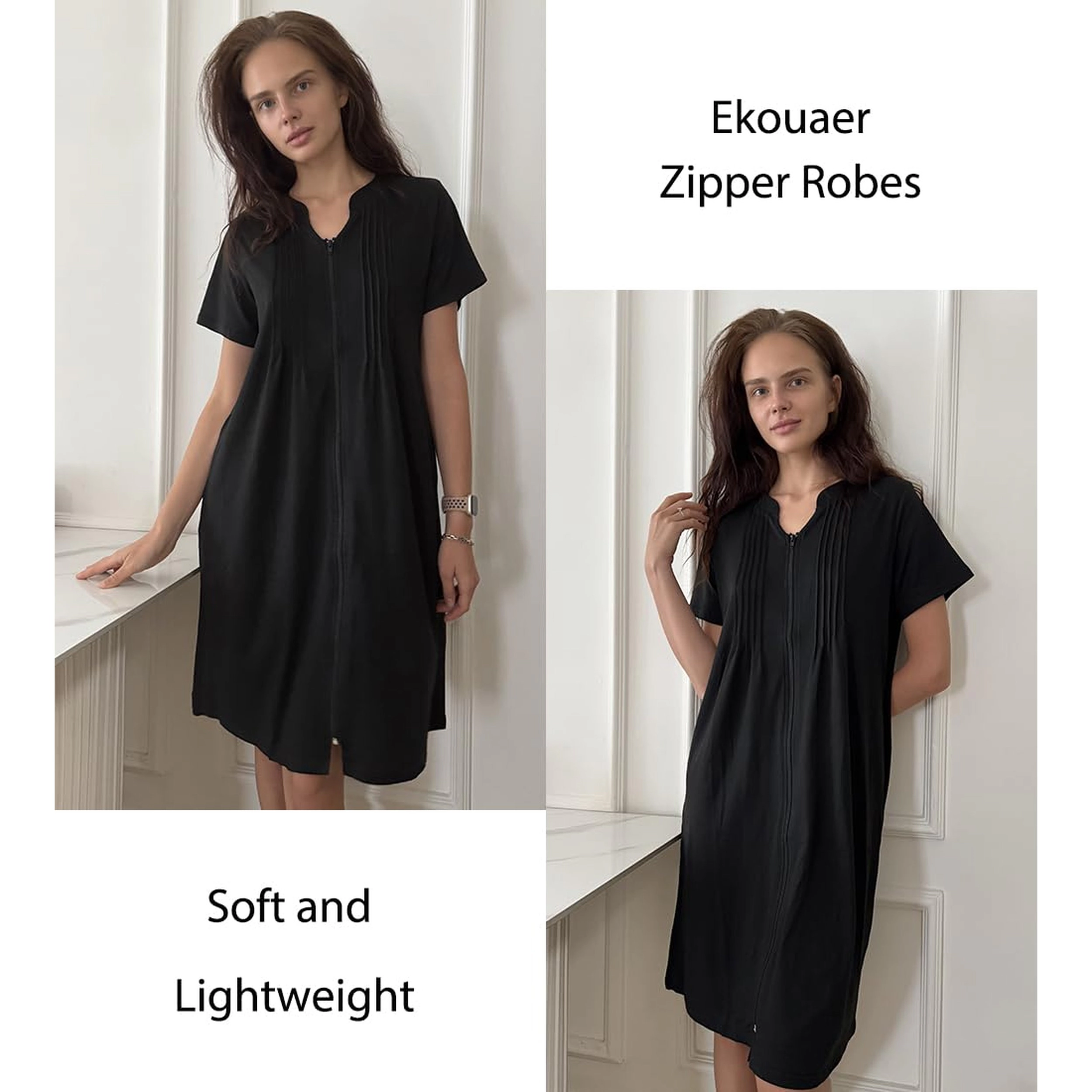 Ekouaer Women Zipper Robes Short Bathrobe Lightweight Mumu Duster House Coat with Pockets Soft Moo