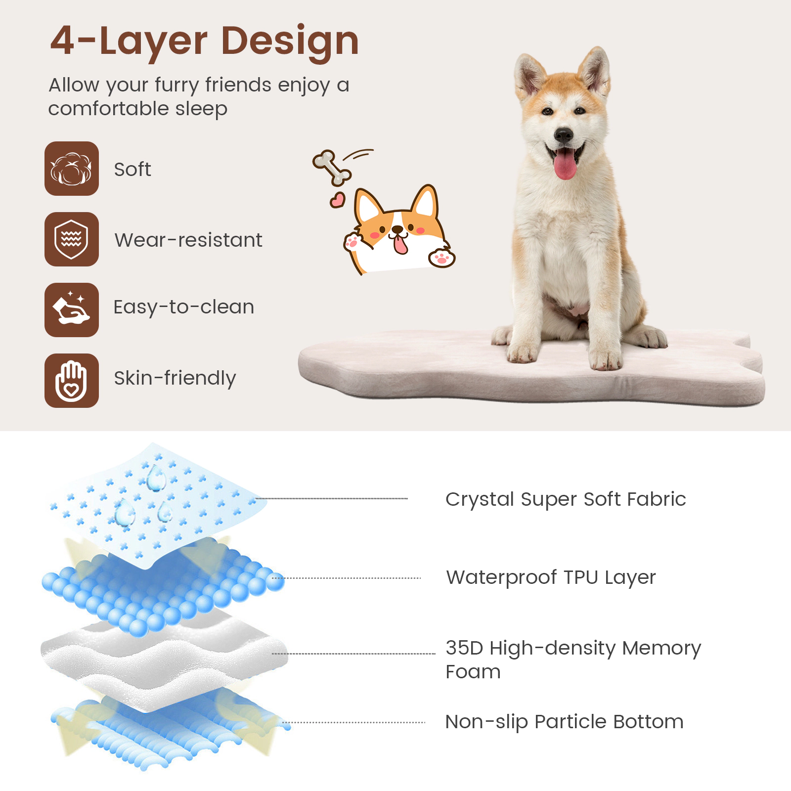 SUGIFT 43 x 26-in Beige Egg Crate Memory Foam Orthopedic Large Dog Bed Mattress with Waterproof Washable Cover
