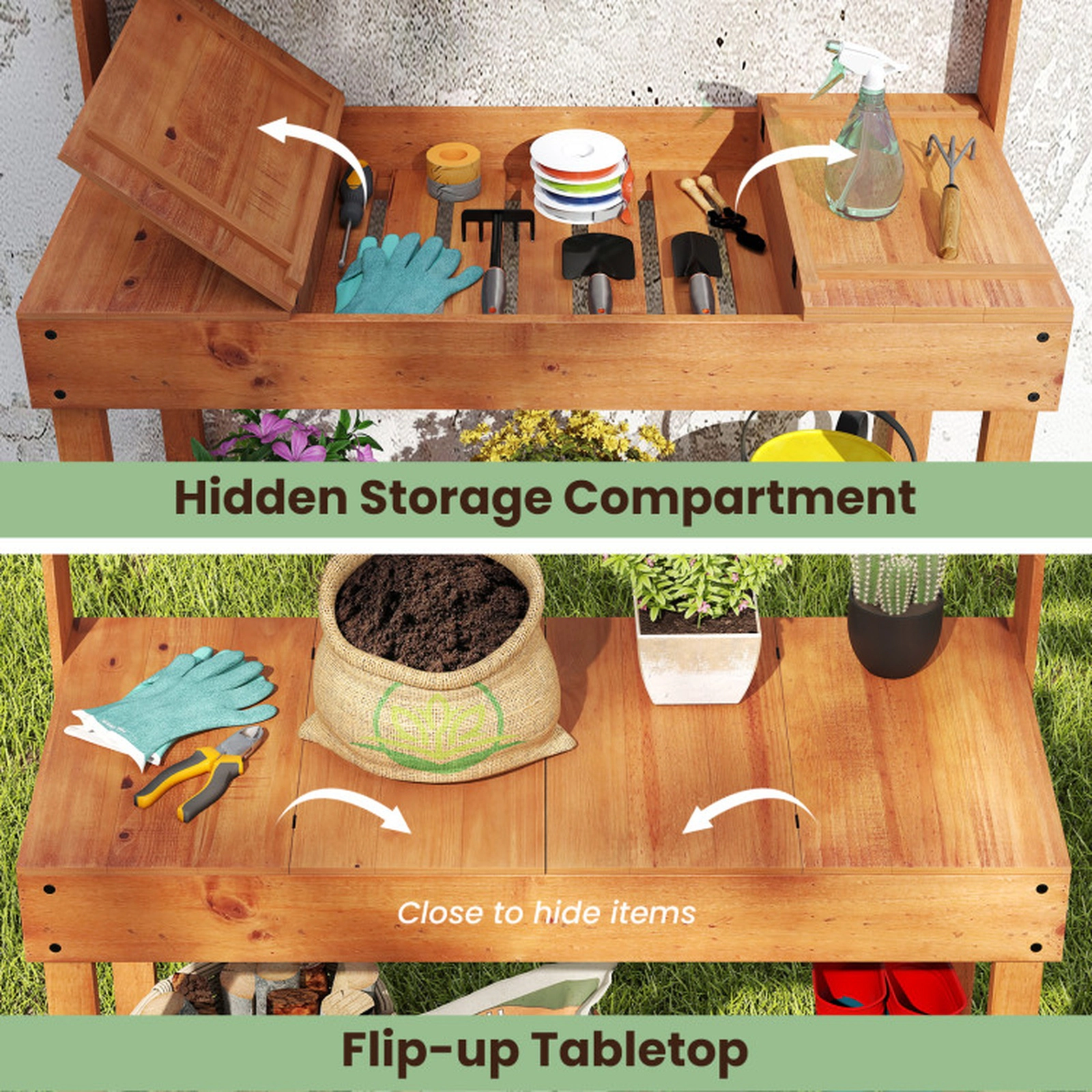 SUGIFT Brown Fir Wood Potting Bench, 3-Tier Shelves, Flip-Up Tabletop and Hidden Storage