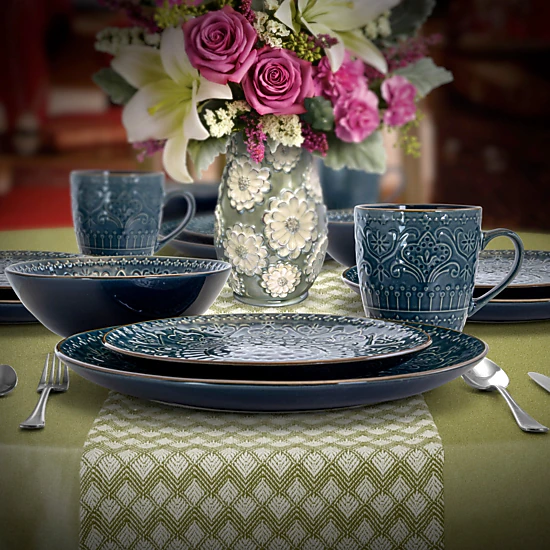 Elama Deep Sea Mozaic 16 Piece Luxurious Stoneware Dinnerware with ...