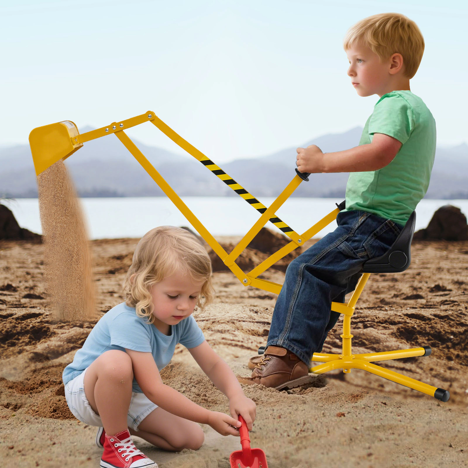 Kids Sand Digger Excavator Toy Criss-Cross Base 2-Handed Shovel Levers 360-Degree Seat 110-lb Limit Ages 3+ Yellow