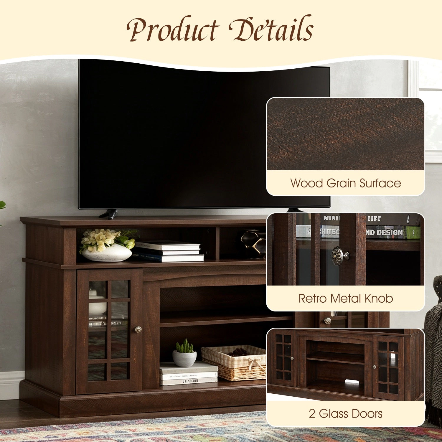 GBruno 58-Inch TV Stand With Glass Door Cabinets