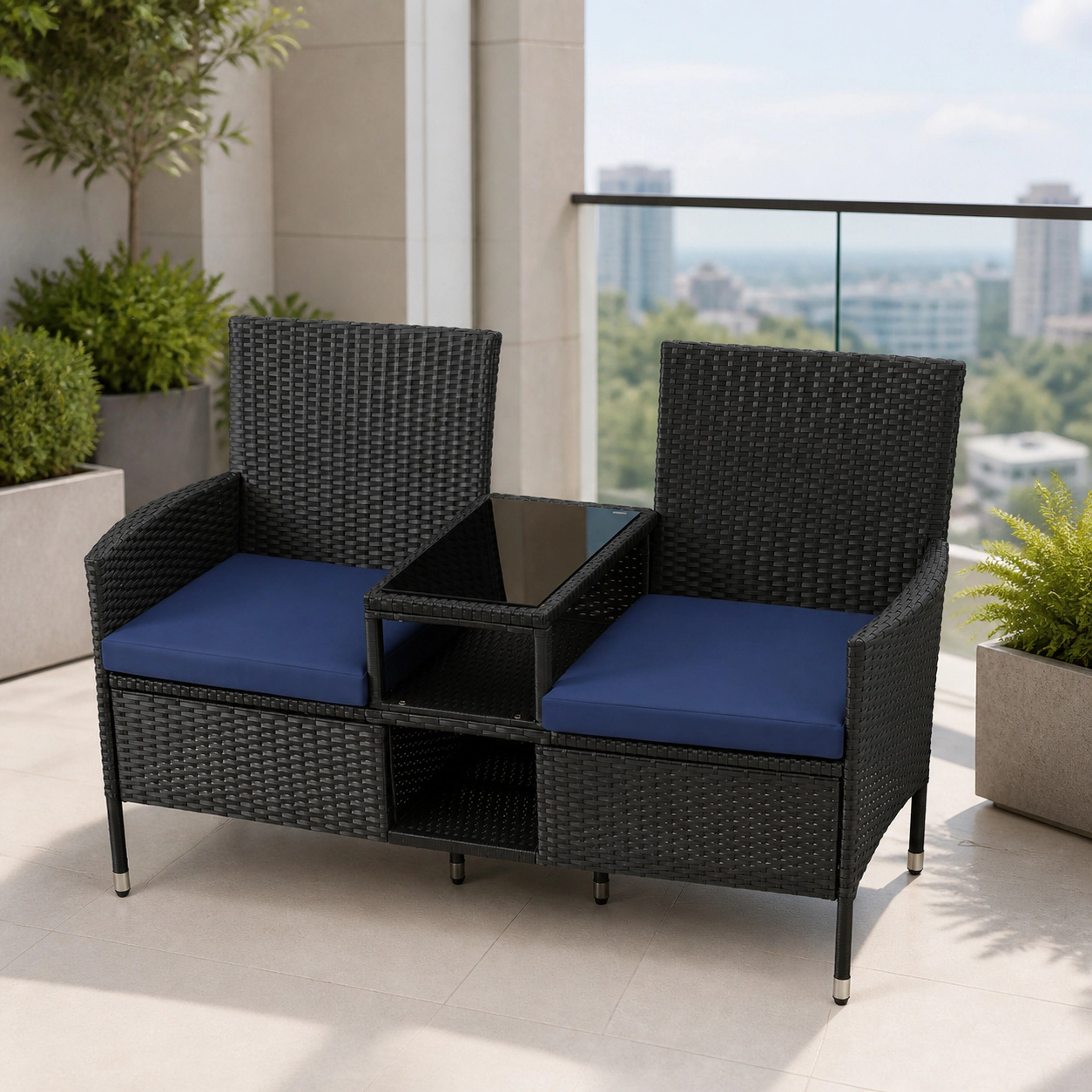 SUGIFT Navy Outdoor Wicker Loveseat with Built-In Glass Table and 2 Shelves