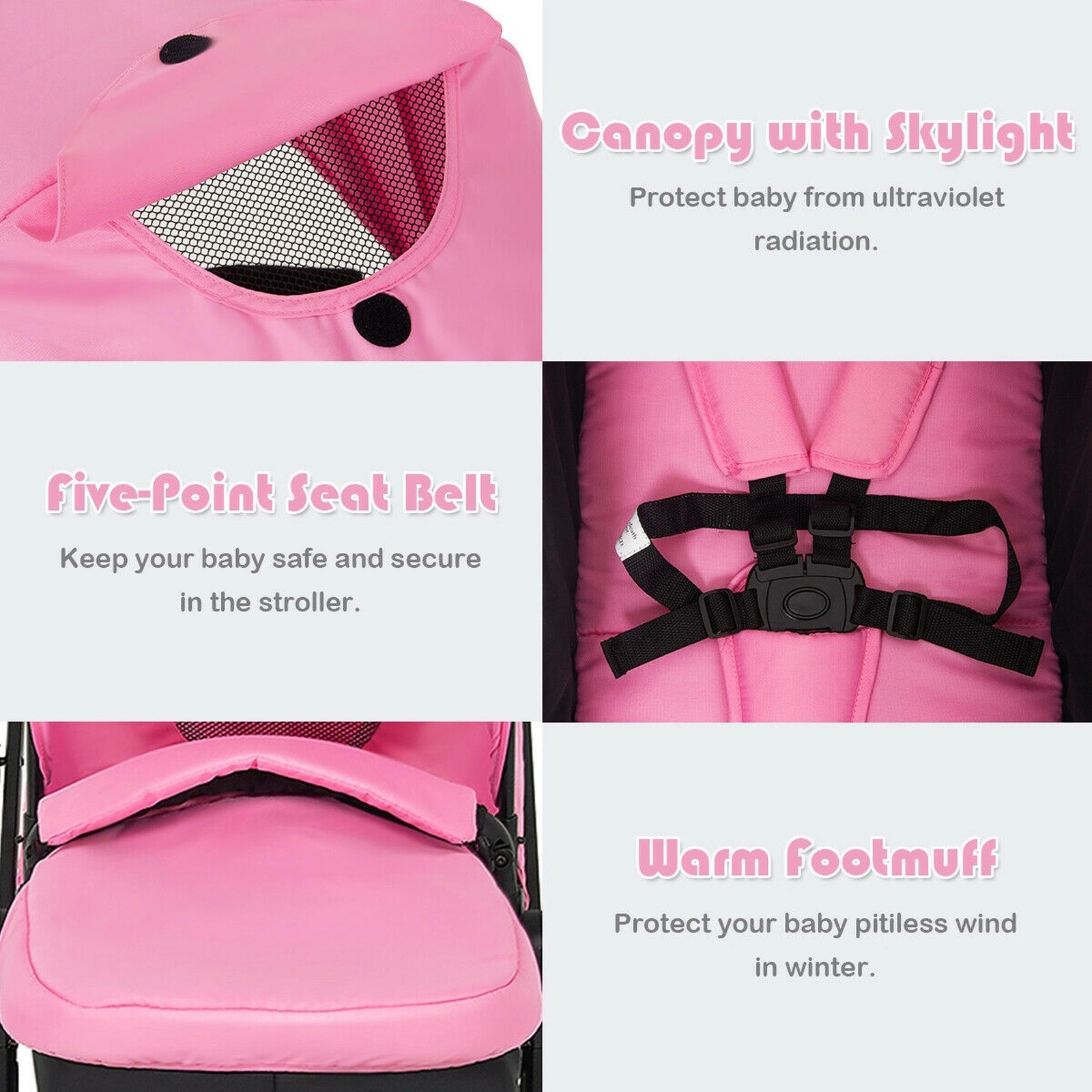 SUGIFT Pink 2-in-1 33-lb Capacity Foldable Baby Stroller Pushchair with Adjustable Handle and Basket