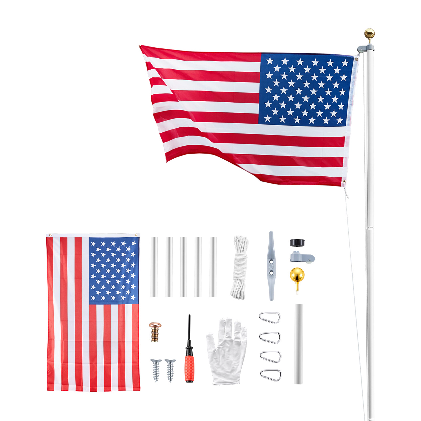 HONGGE 25 ft Sectional Flag Pole Kit, Heavy Duty Aluminum In-Ground Flagpole with 3x5 American Flag, Silver