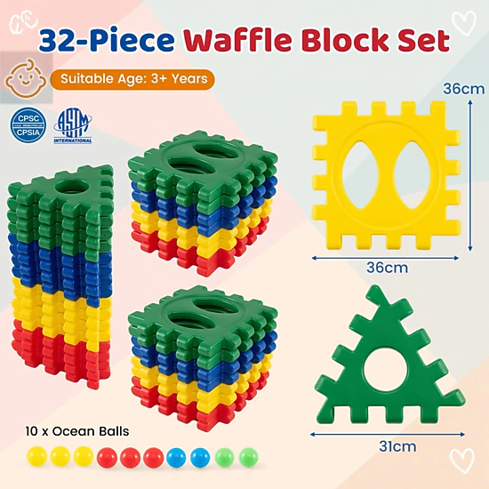 SUGIFT 32-Piece Toddler Jumbo Waffle Building Blocks with 10 Ocean ...