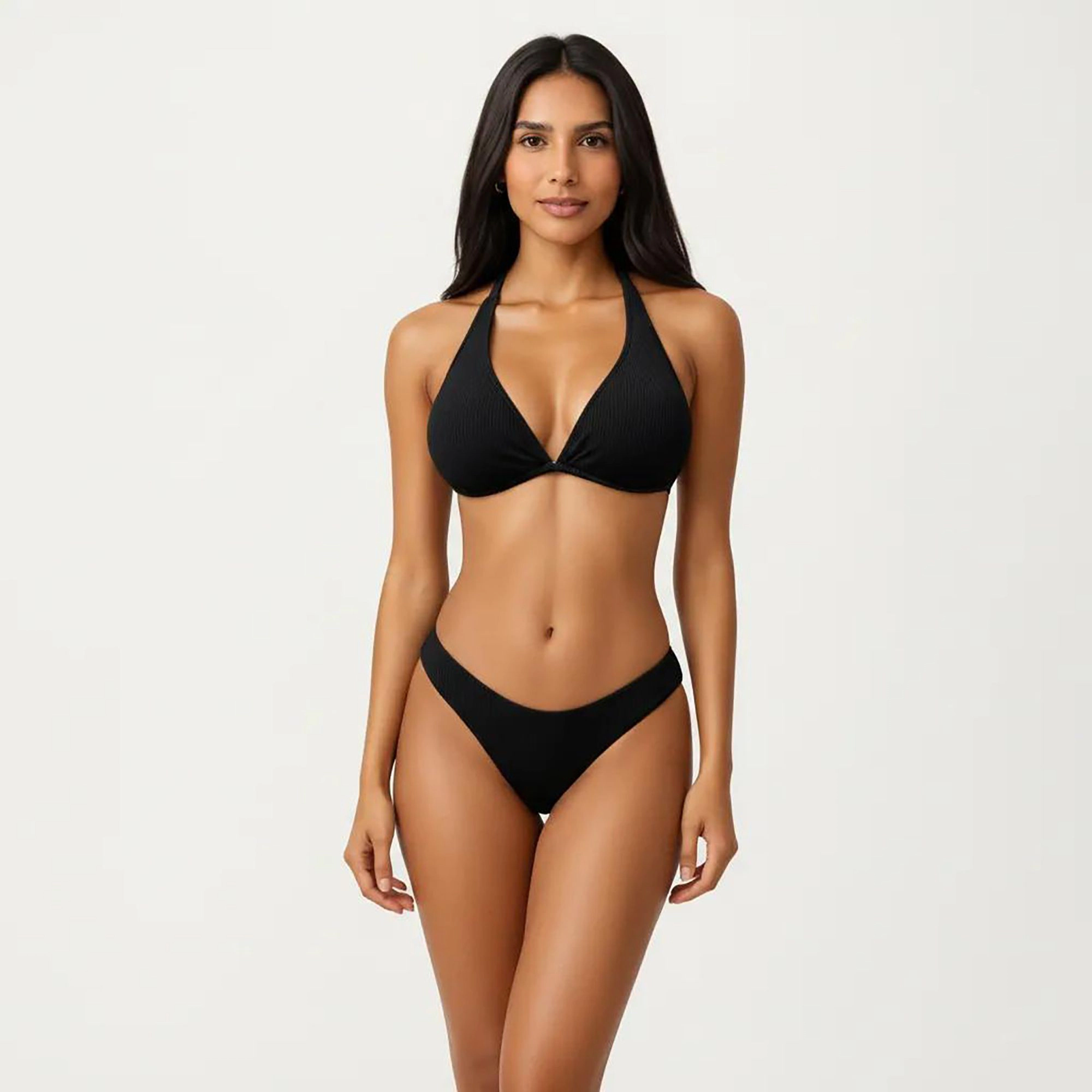 Anna-Kaci Women's 2-Piece Ribbed Triangle Bikini Set with Halter Top and High Cut Bottom