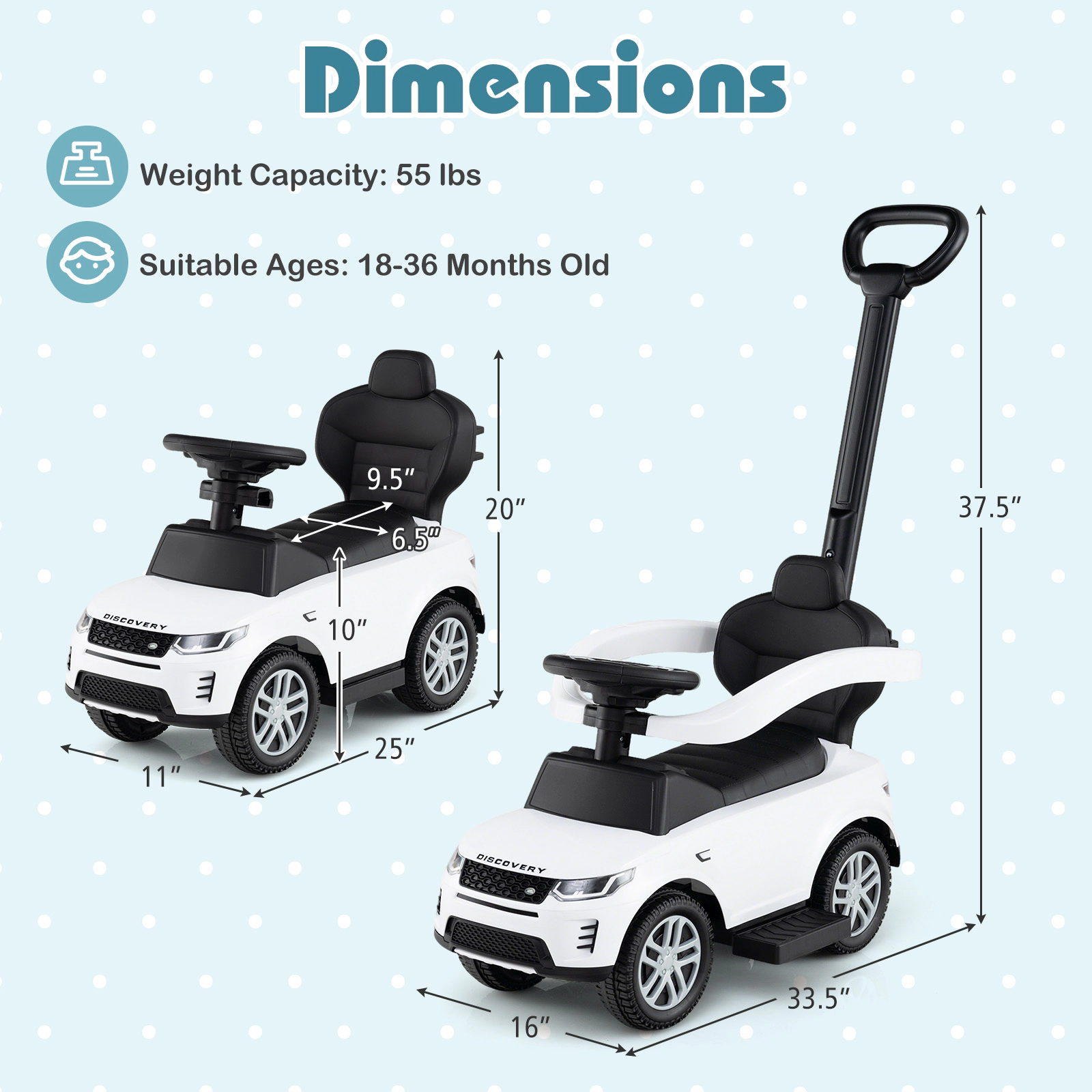 SUGIFT 3-in-1 Push Walking and Sliding Ride-On Car with Handle and Guardrail 55-lb Capacity Ages 18-36 Months White