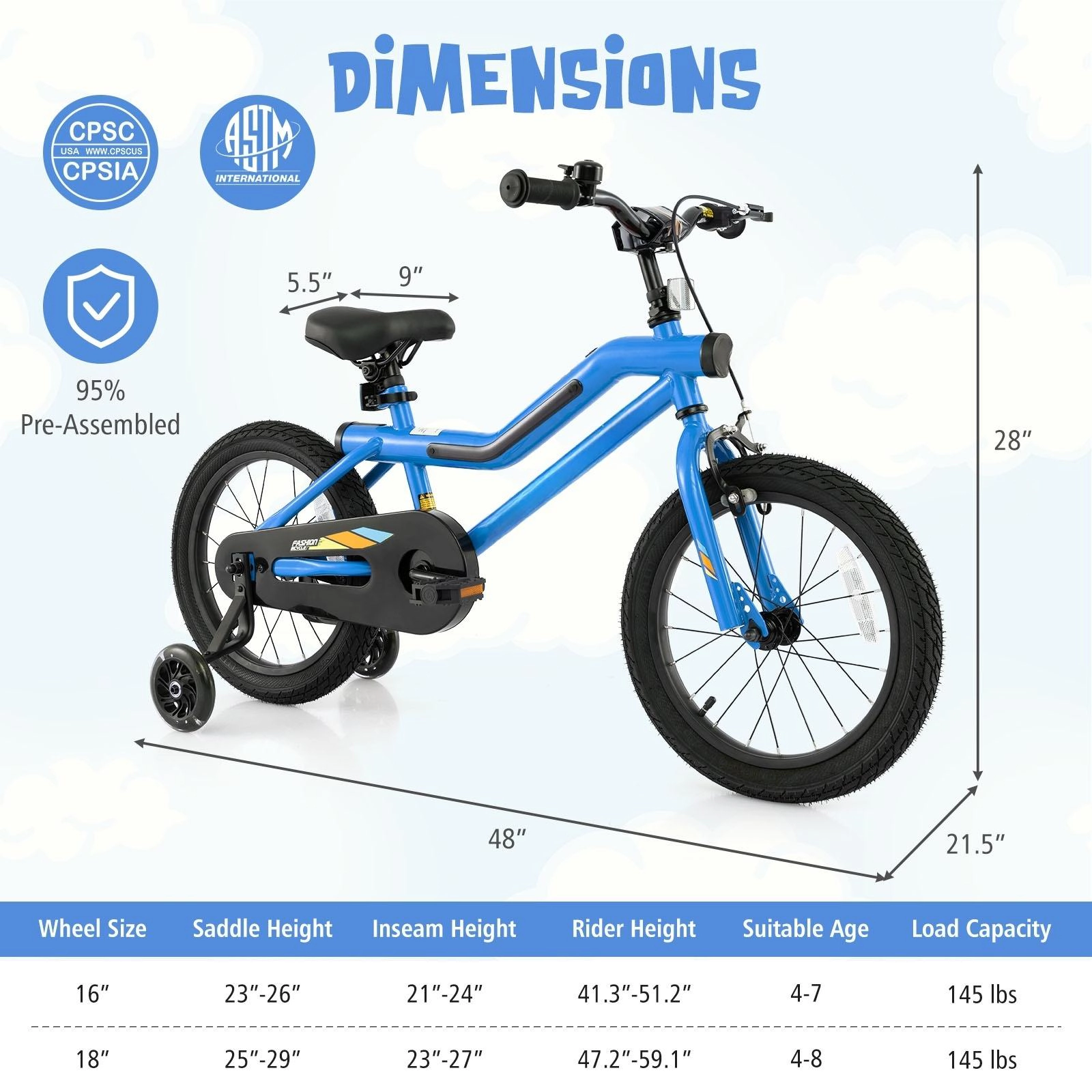 SUGIFT Navy Blue LED Lights Training Wheels Headlight and Coaster Brake Kids 16 Inch Bike