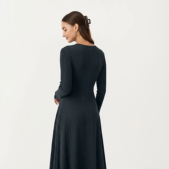 Anna-Kaci Women's Long Sleeve Ribbed Knit Midi Dress with Cutout Neckline Detail