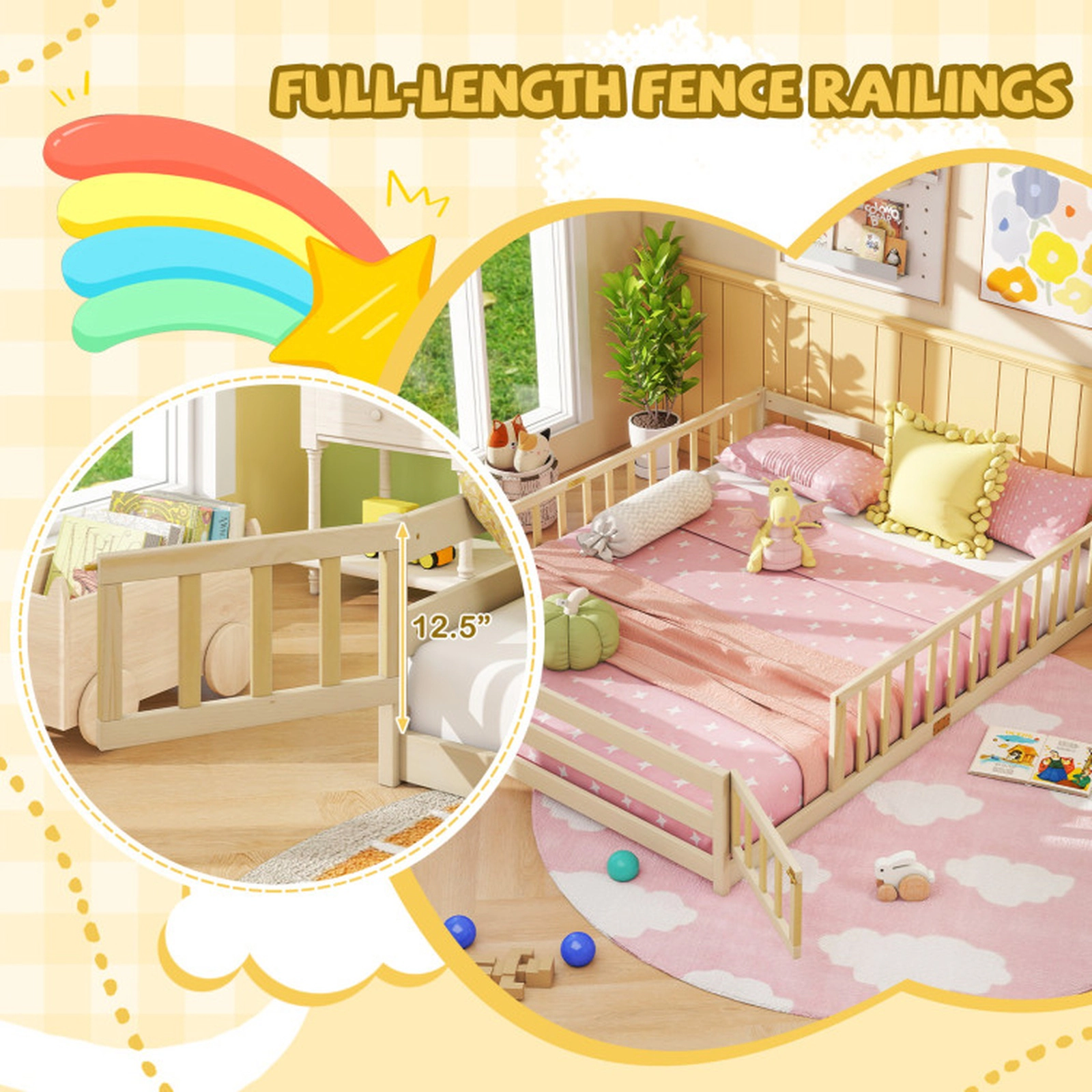 SUGIFT Queen Size Montessori Kids Floor Bed Frame with Full Length Safety Guardrails Low-To-Ground Design Natural