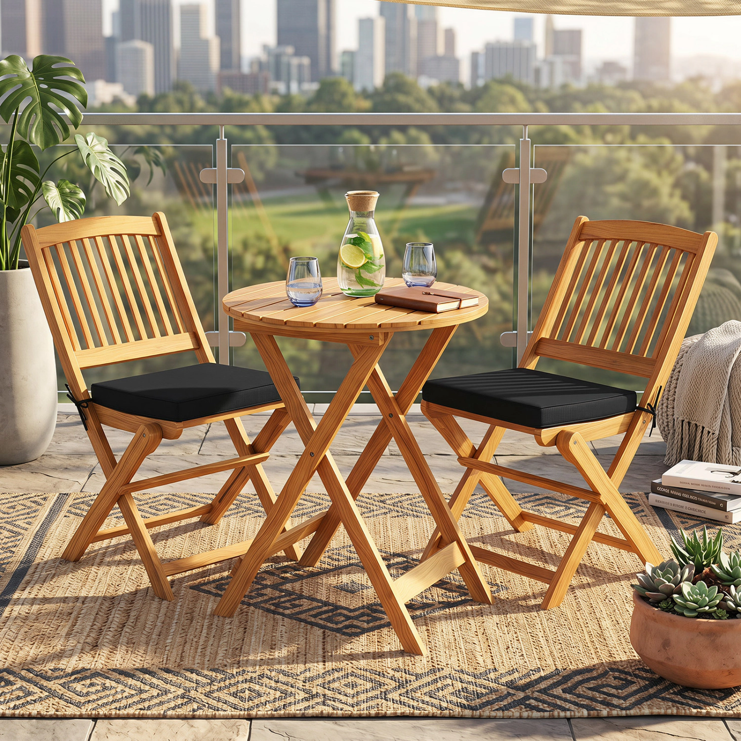 LJG 3 Pieces Acacia Wood Patio Folding Bistro Set with Soft Cushions