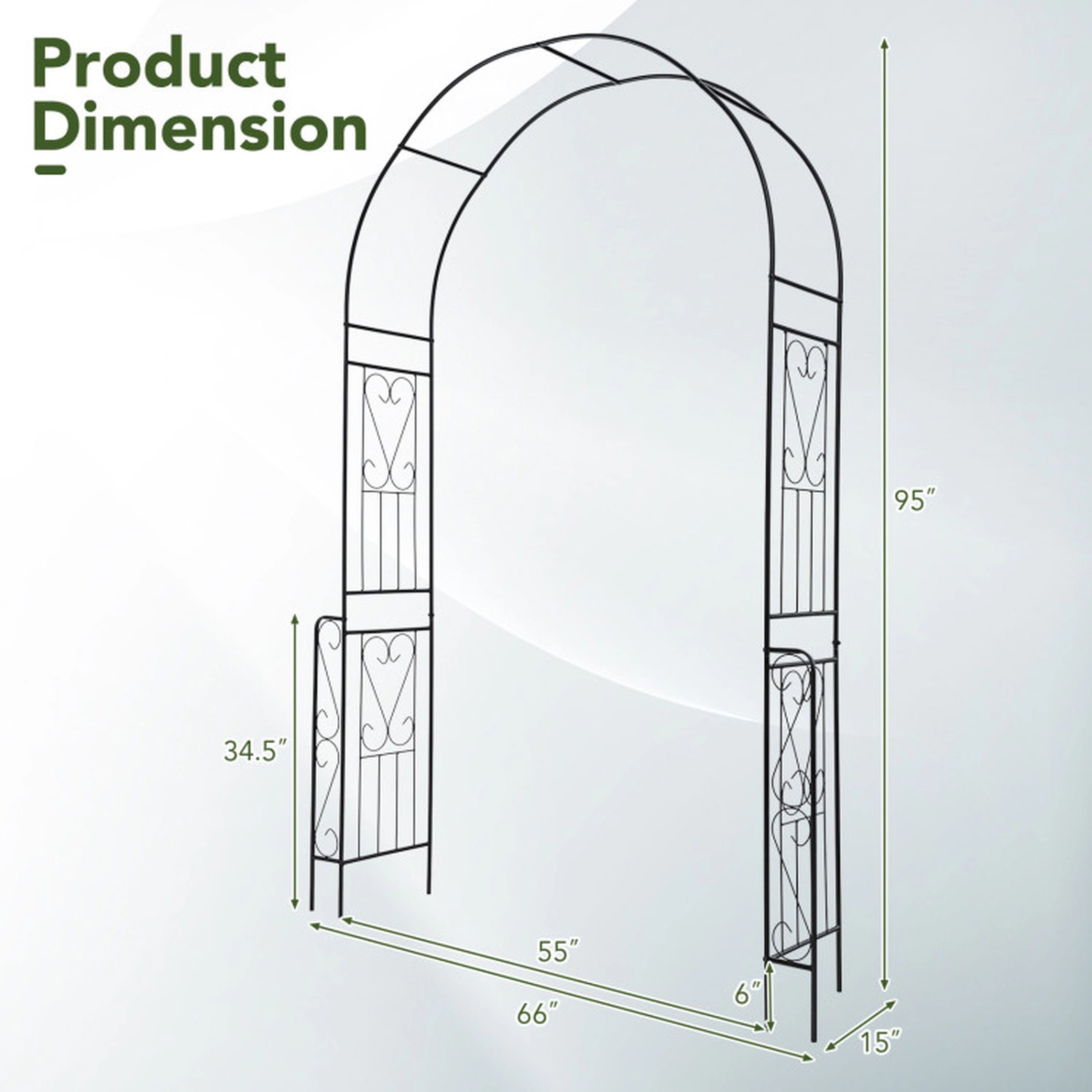 SUGIFT Metal Garden Arch Backdrop Stand with Fence for Climbing Plants 95-in Tall Black