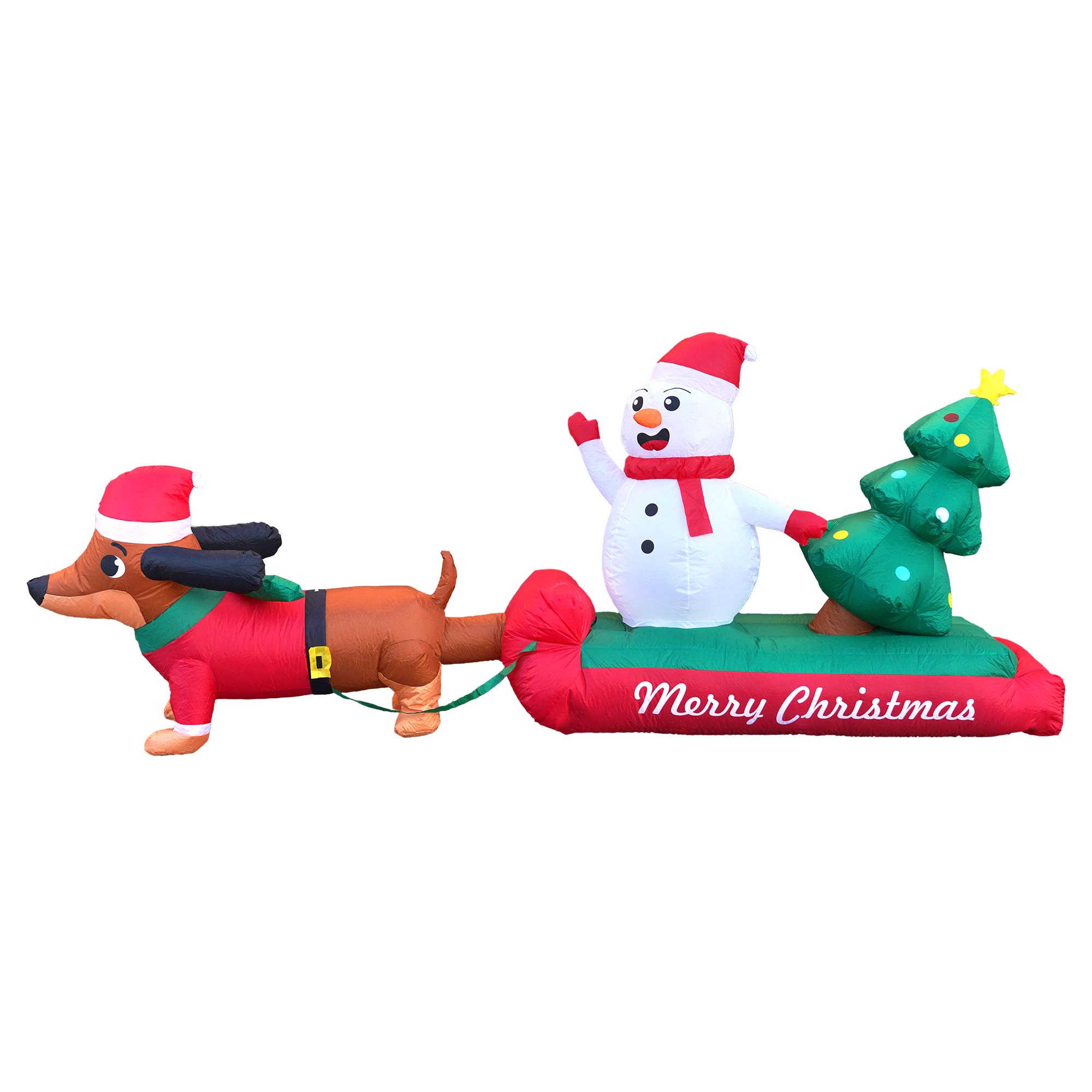 G128 10 ft Dachshund Santa Sled Inflatable with Snowman & Tree, LED Outdoor Decor