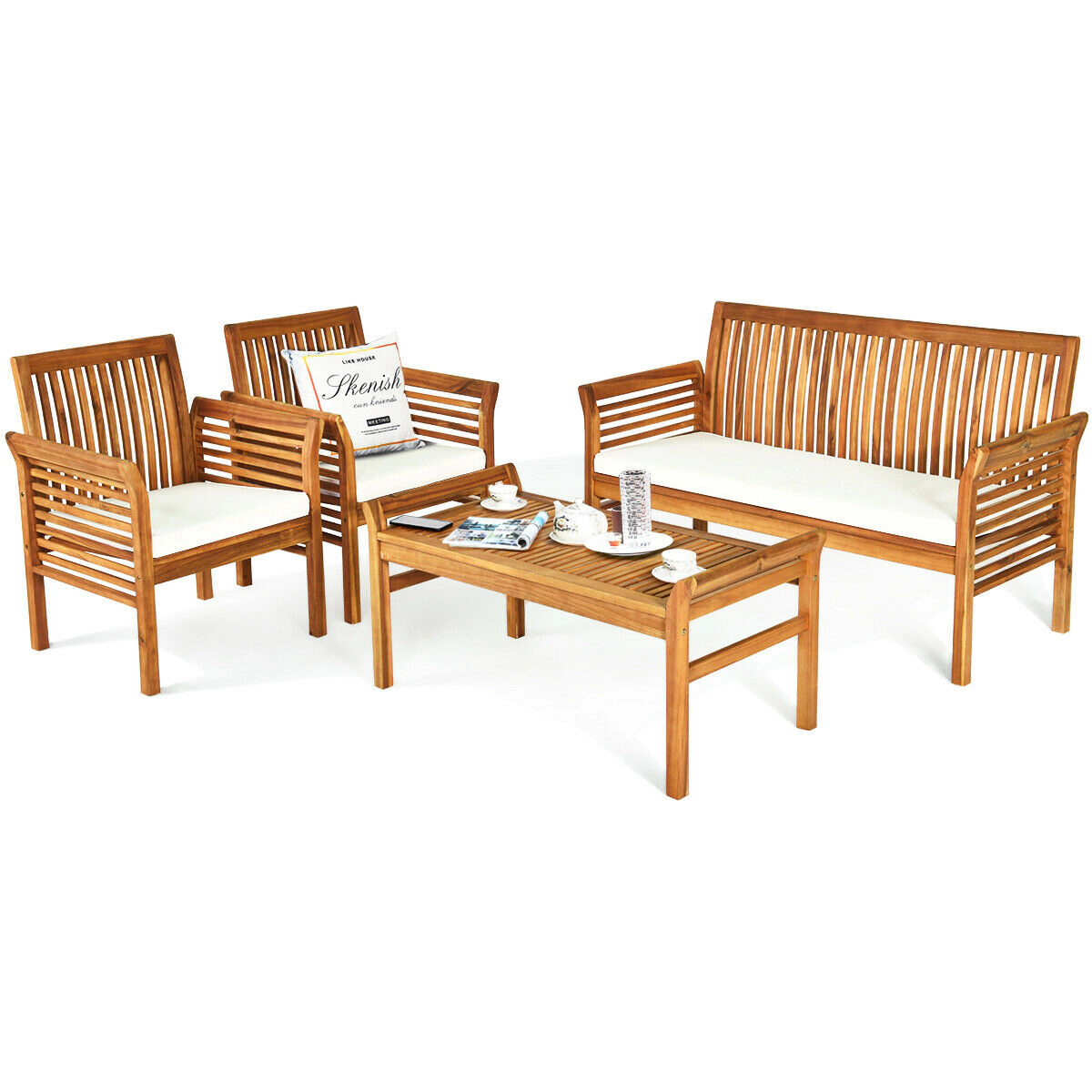 SUGIFT Natural Loveseat and Coffee Table 4-Piece Outdoor Acacia Wood Sofa Set