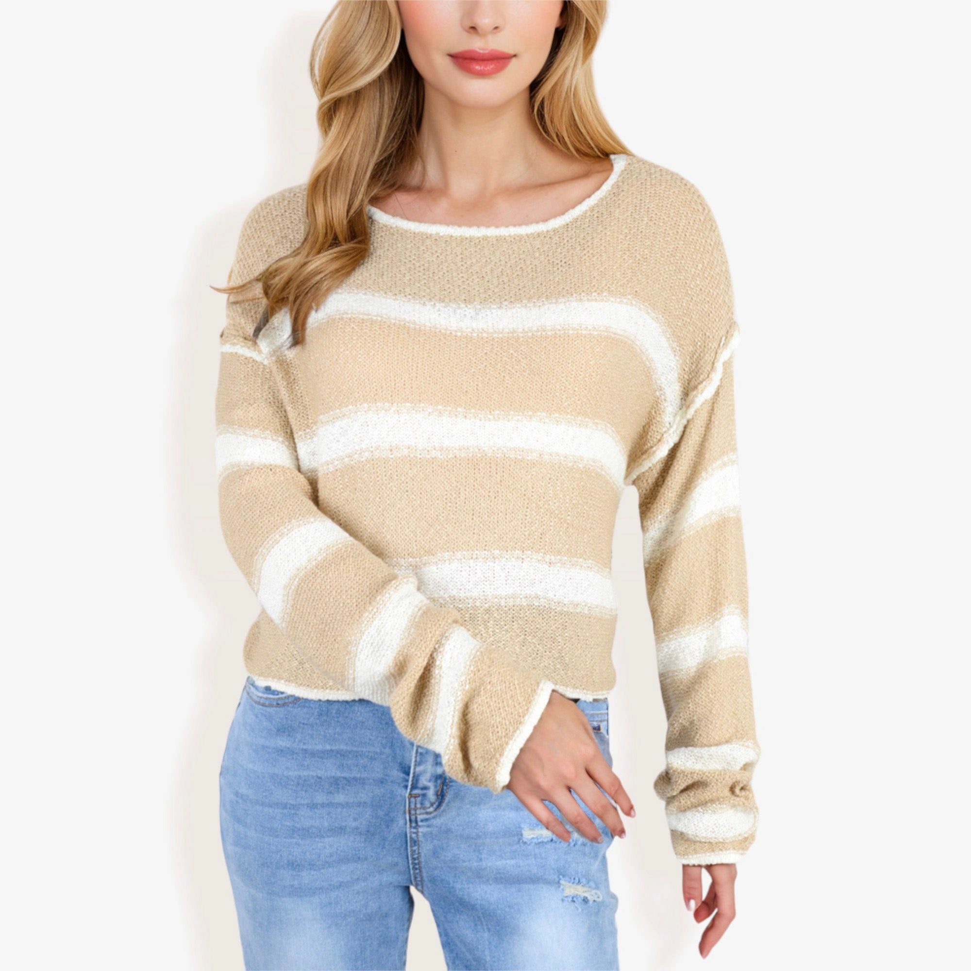 Anna-Kaci Women's Long Sleeve Striped Sweater With Crew Neck, Cropped Fit