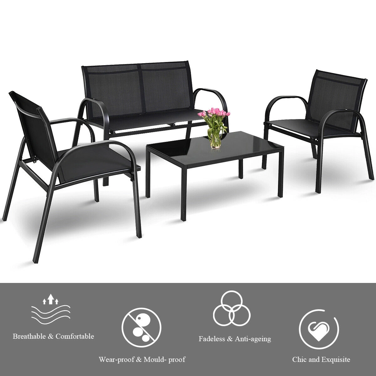SUGIFT 4-Piece Black Patio Conversation Set, Loveseat, 2 Armless Sofas, Glass-Top Tea Table