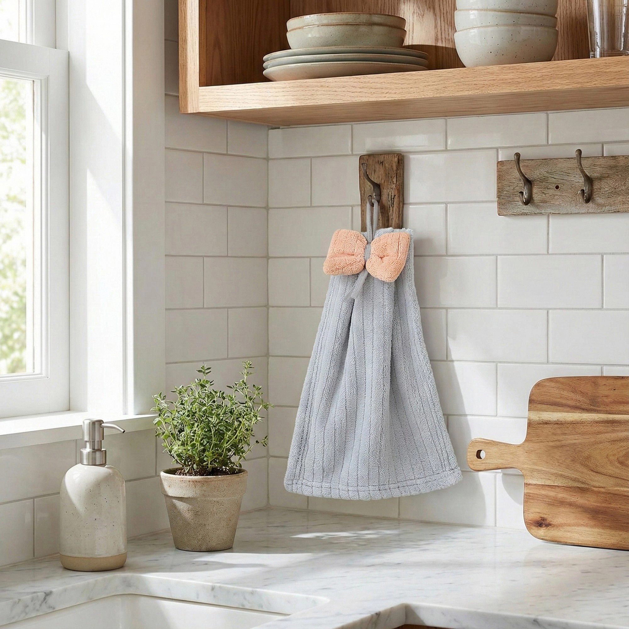 Alilang Unisex 3 Pack Hanging Kitchen Hand Towels Soft Absorbent Ribbed with Decorative Bow and Loop