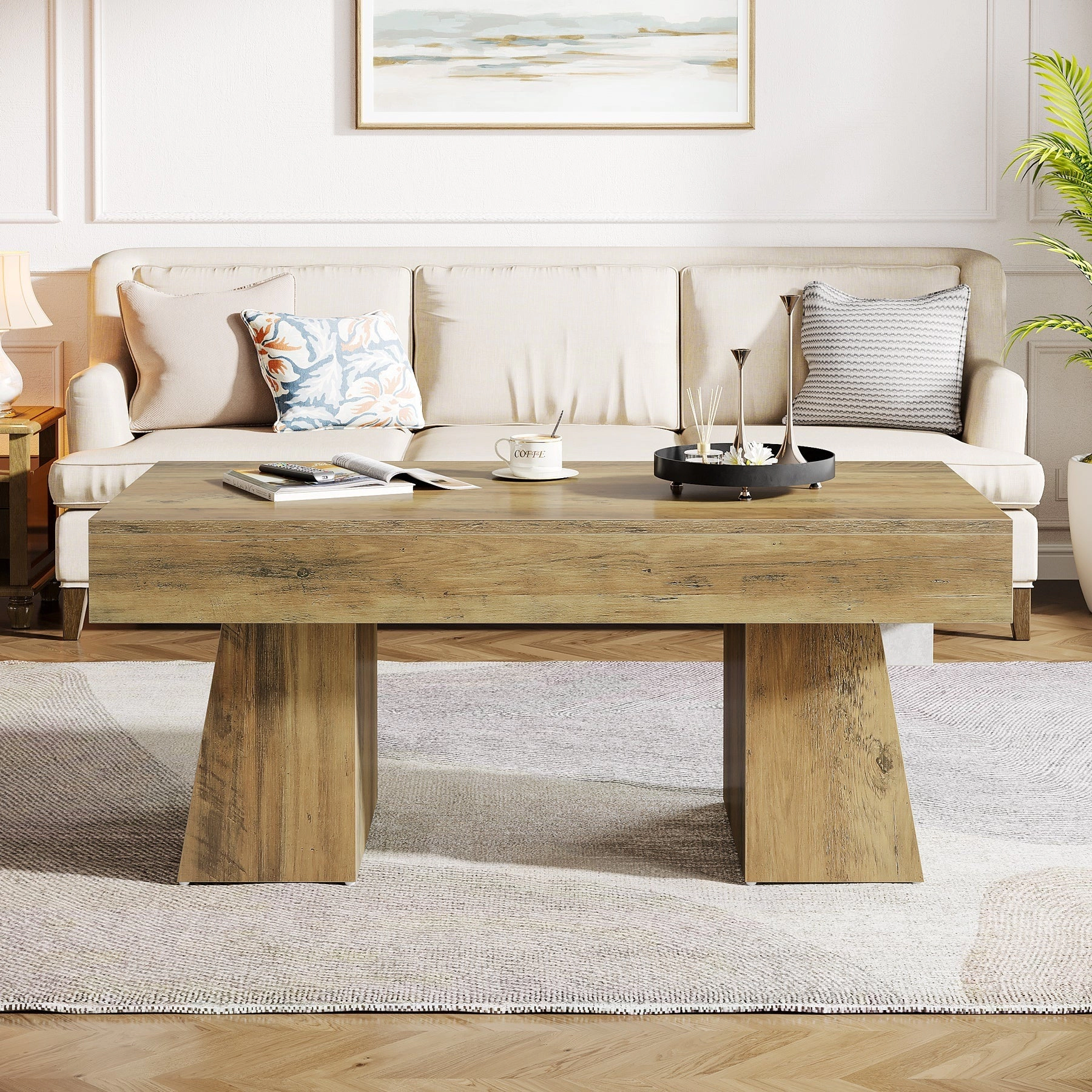 Tribesigns 47" Coffee Table Farmhouse Light Brown Wood Rectangular Living Room Table