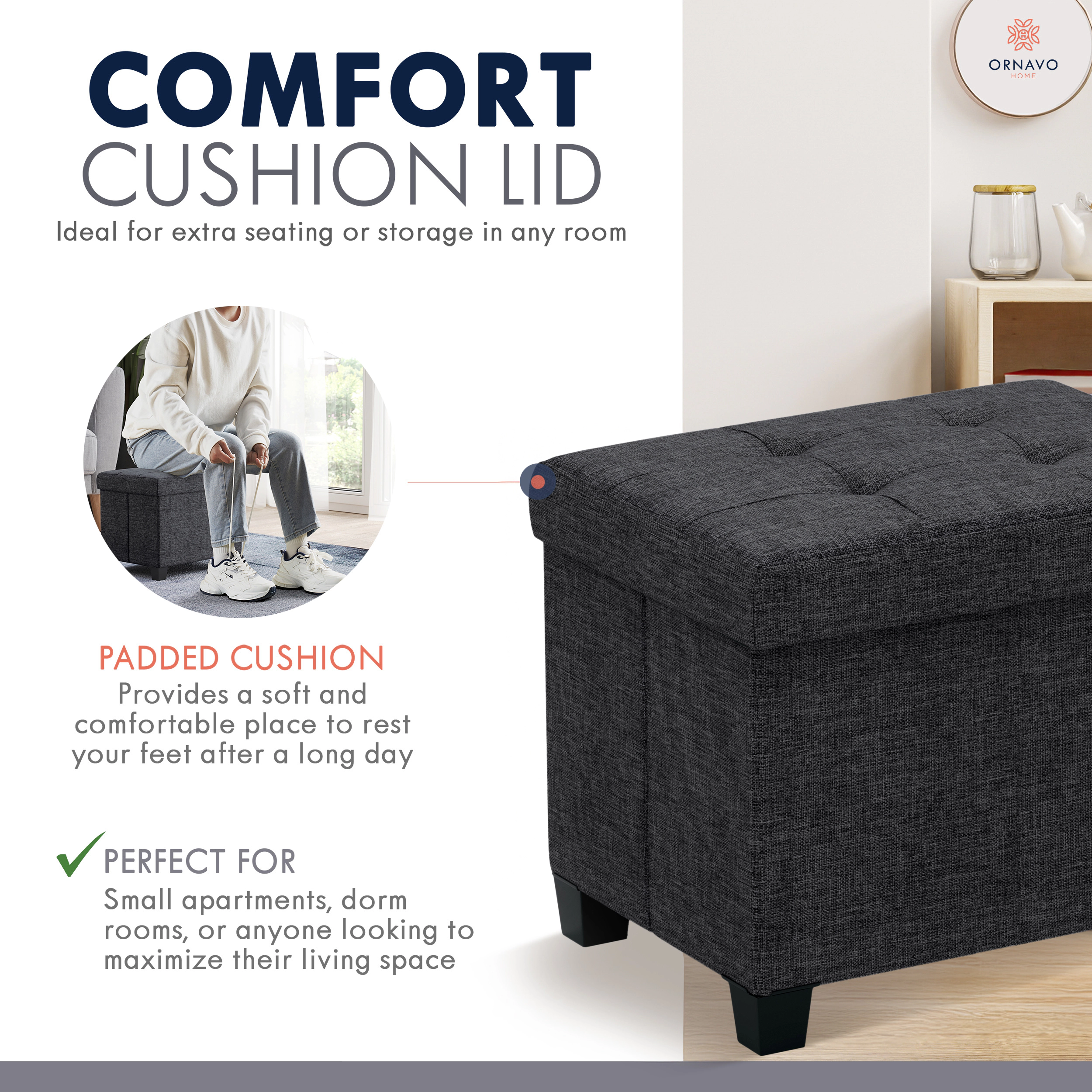 Ornavo Home Small Rectangle Storage Ottoman Foot Stool with Legs - 16" x 12"