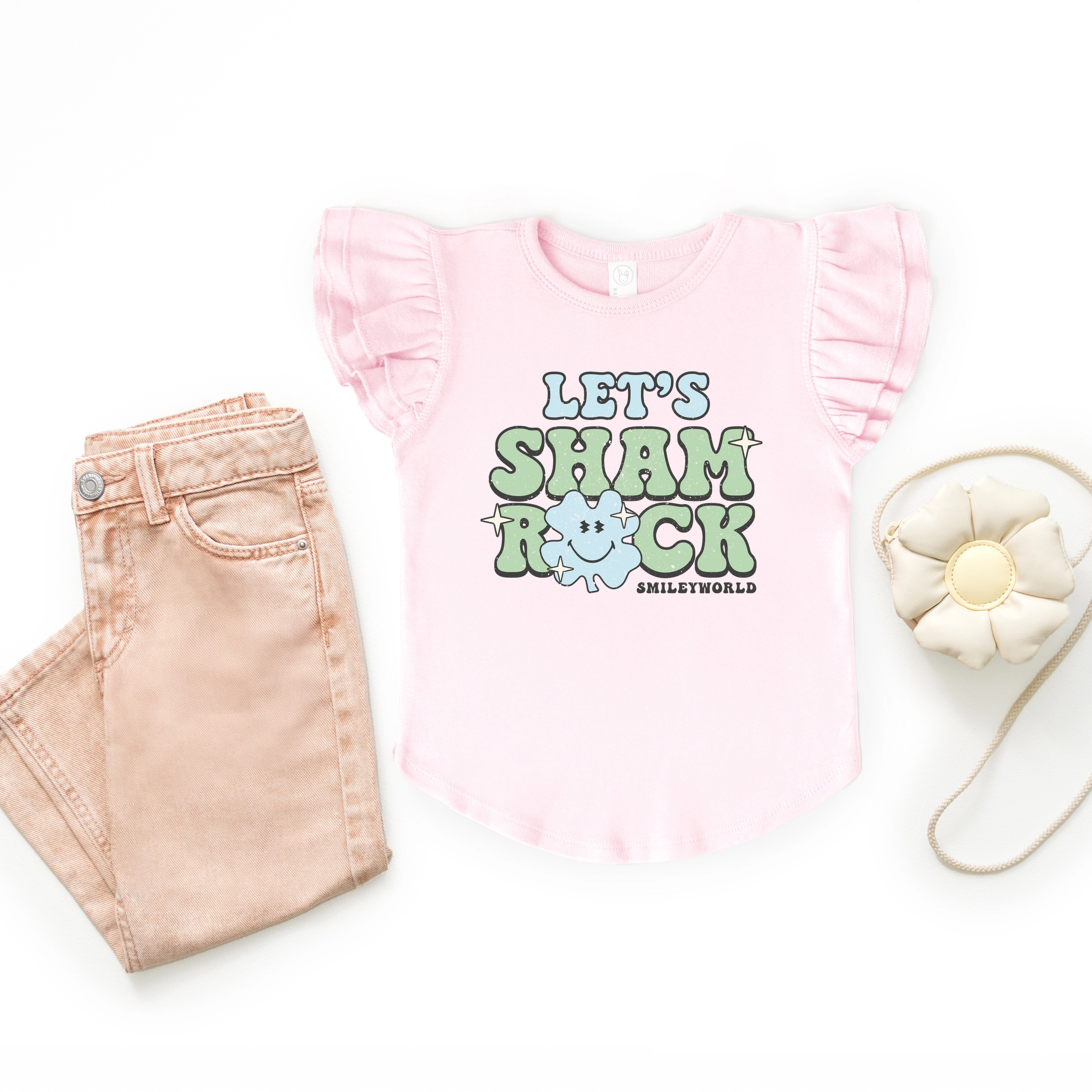 The Juniper Shop - Girl's Flutter Sleeve Graphic T-Shirt SmileyWorld Let's Shamrock
