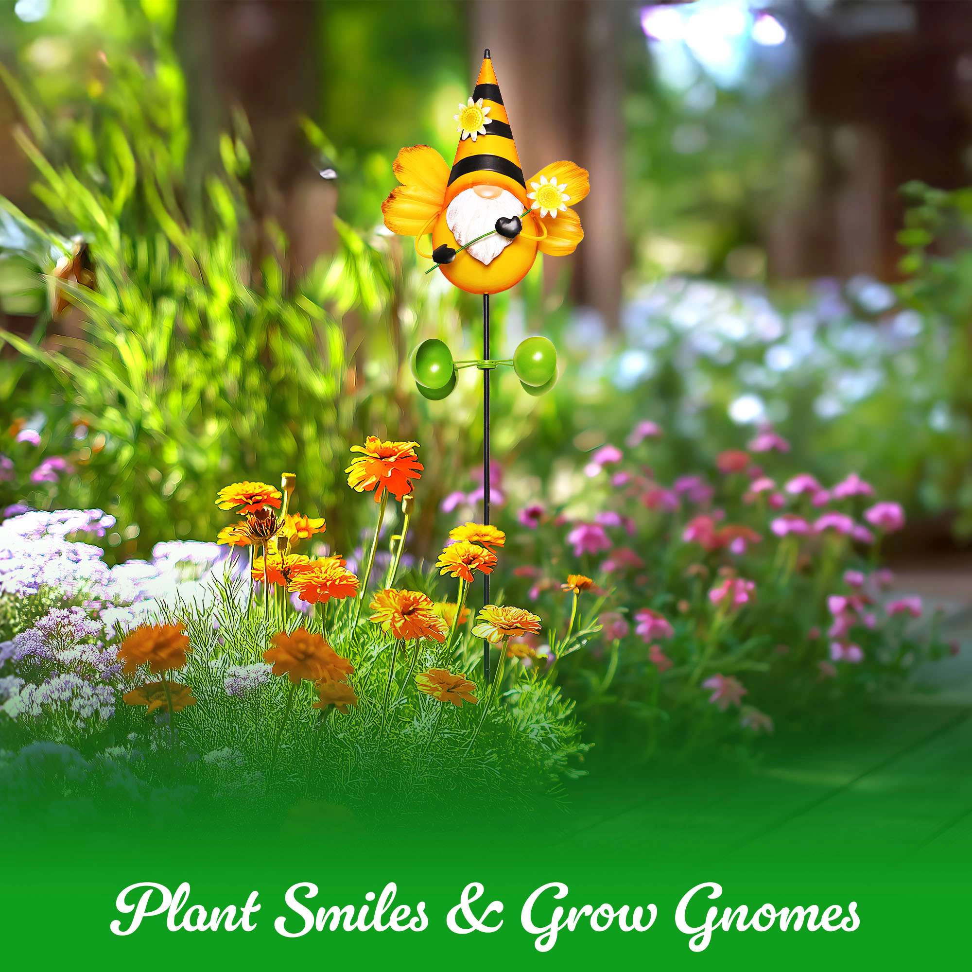 G128 48in Metal Gnome Bee Wind Spinner Stake - 360° Swivel Garden Ornament for Patio Lawn