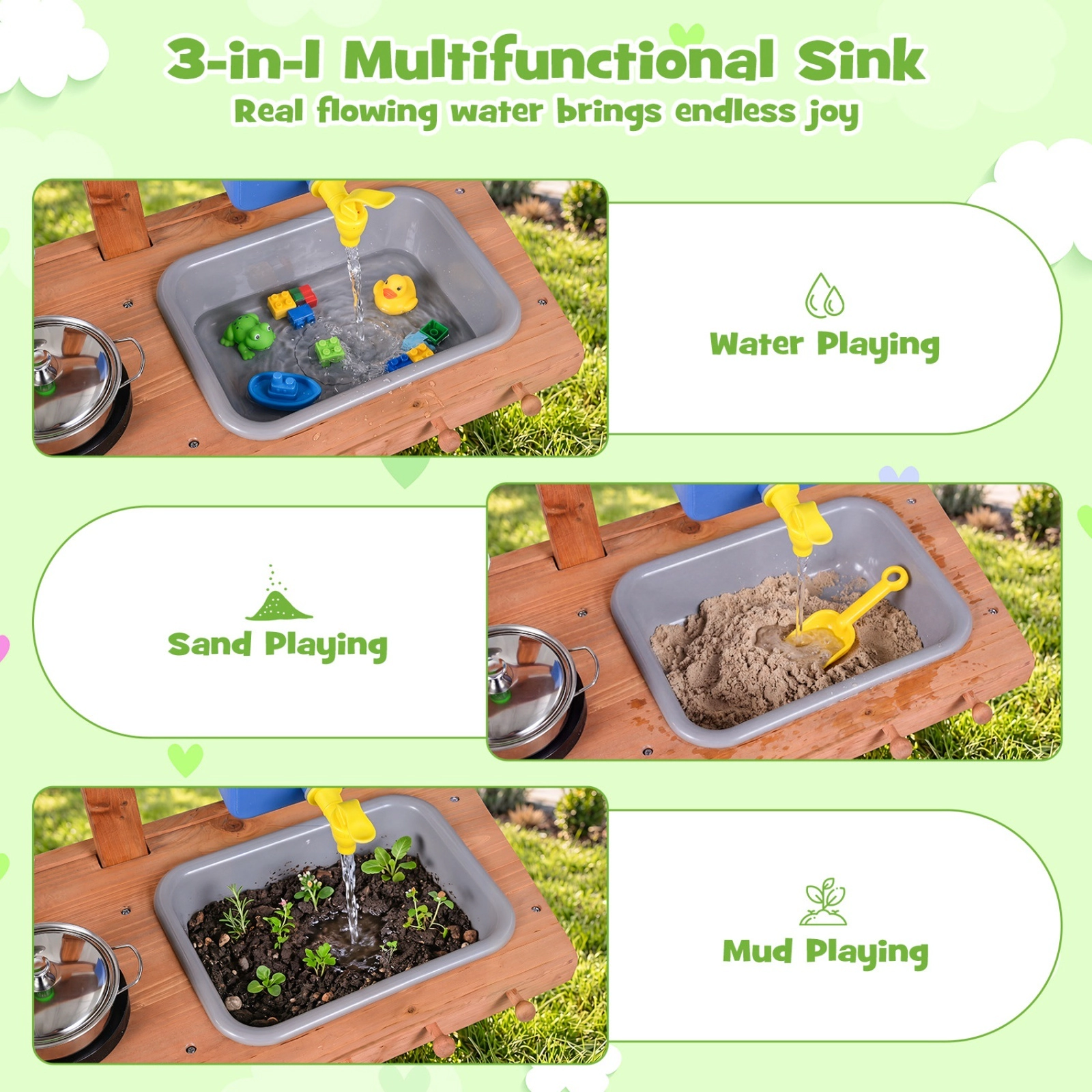 Kids Mud Kitchen Outdoor with Water Tank Sink and 15-pc Accessories 36-in x 13-in x 32-in Solid Wood Natural