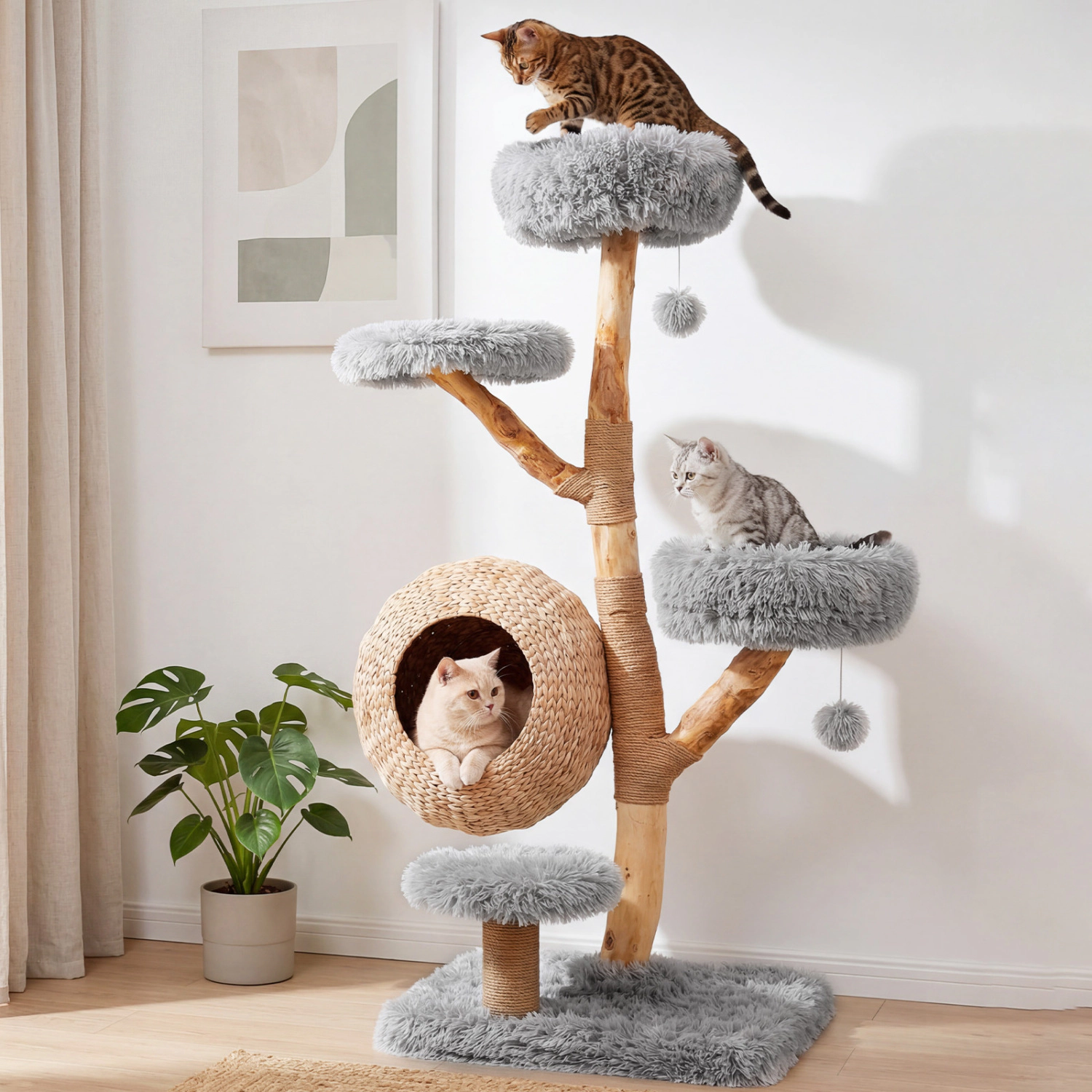 SUGIFT 52.7-in Gray 5-Tier Wooden Cat Tree Tower with Handwoven Condo and Jute Posts 23.2-in Square Base
