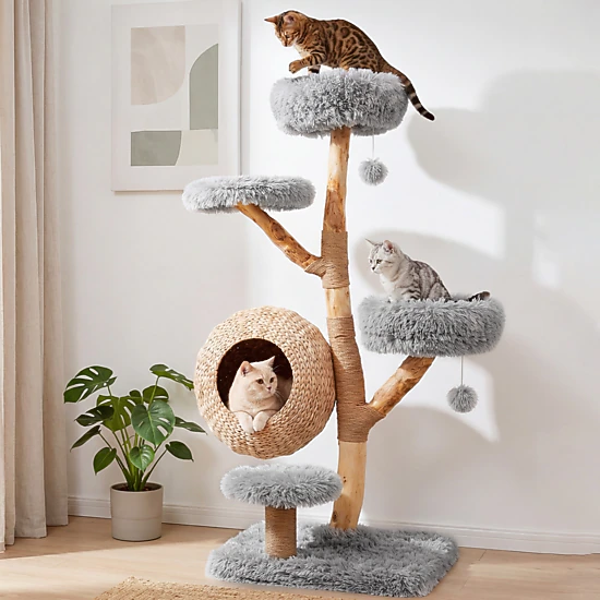 SUGIFT 52.7-in Gray 5-Tier Wooden Cat Tree Tower with Handwoven Condo and Jute Posts 23.2-in Square Base