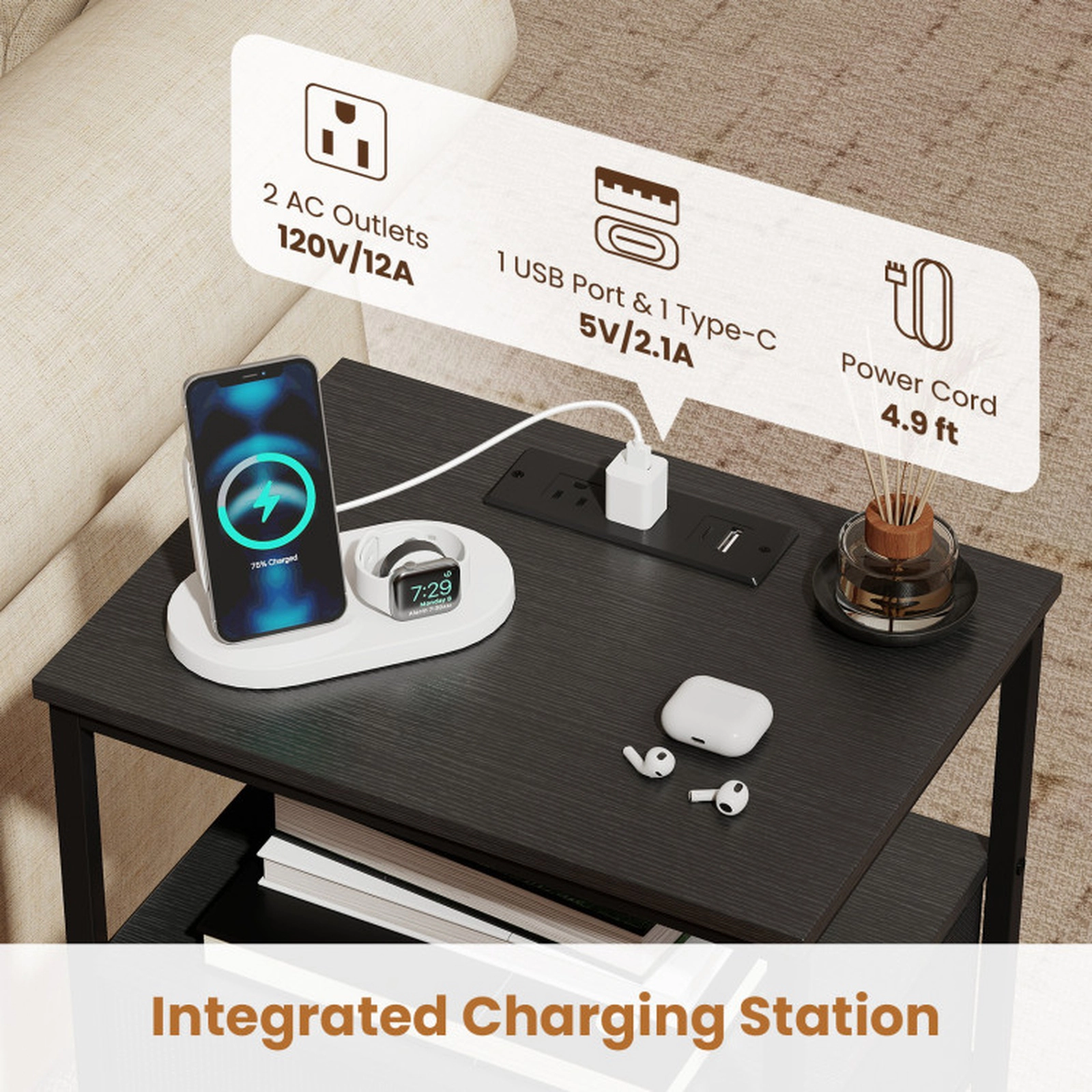 SUGIFT Charging Station 2 Fabric Drawers and Open Compartment 24.5 Inch Nightstand