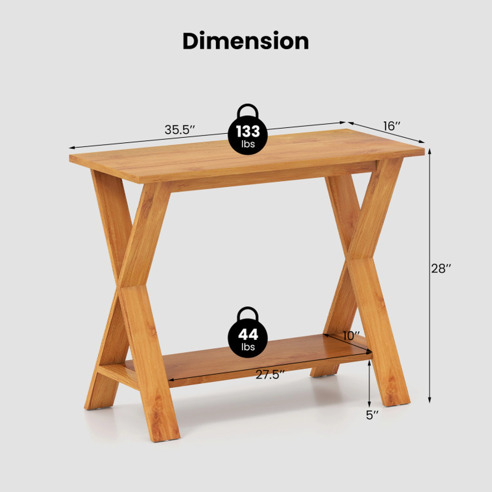SUGIFT 2-Tier Solid Wood X Legs Storage Shelf Console Table 35.5-in x 16-in x 28-in 133-lb Capacity Natural Teak