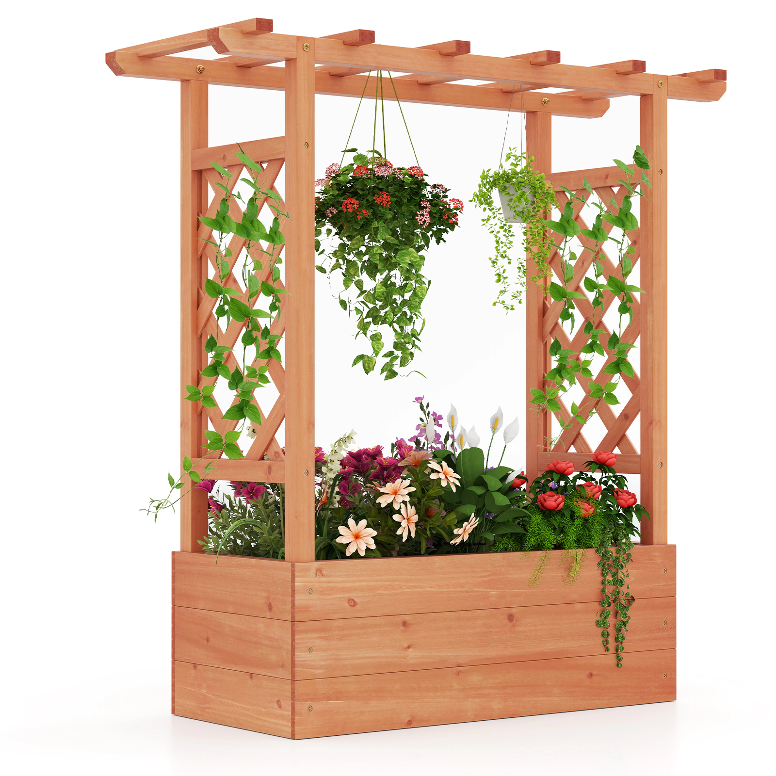 SlickBlue Outdoor Wooden Planter Box with Side Trellises for Climbing Plants