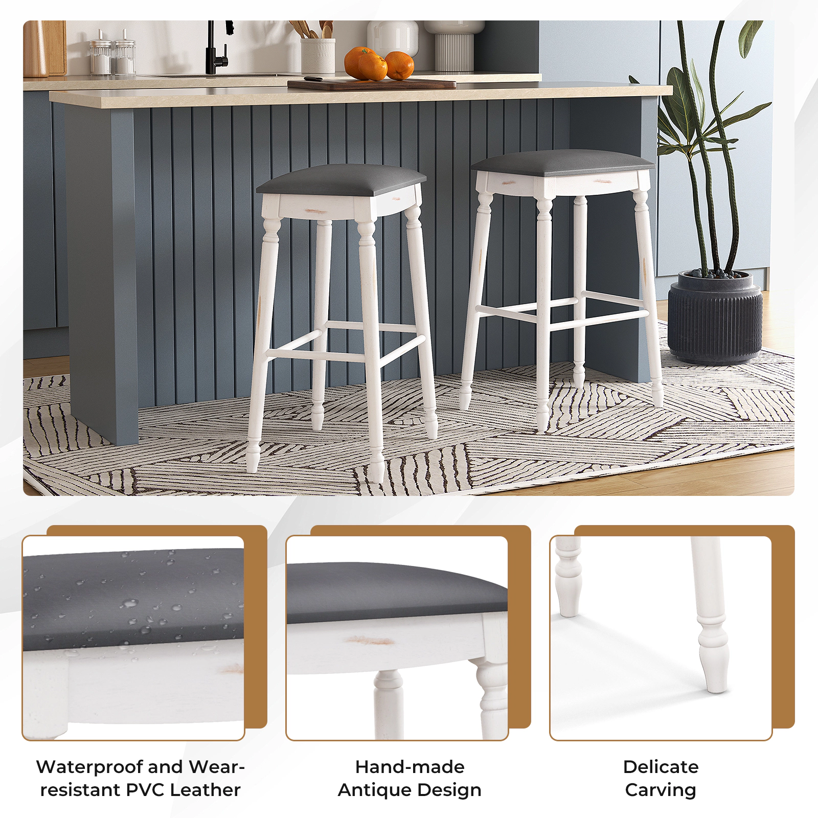Glintex 2-Piece 29-Inch Backless Bar Stool Set with Antiqued Wood Legs, Gray + Antique White
