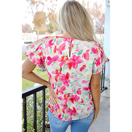 Threaded Pear Women's Marlee Floral Flutter Sleeve Casual Blouse