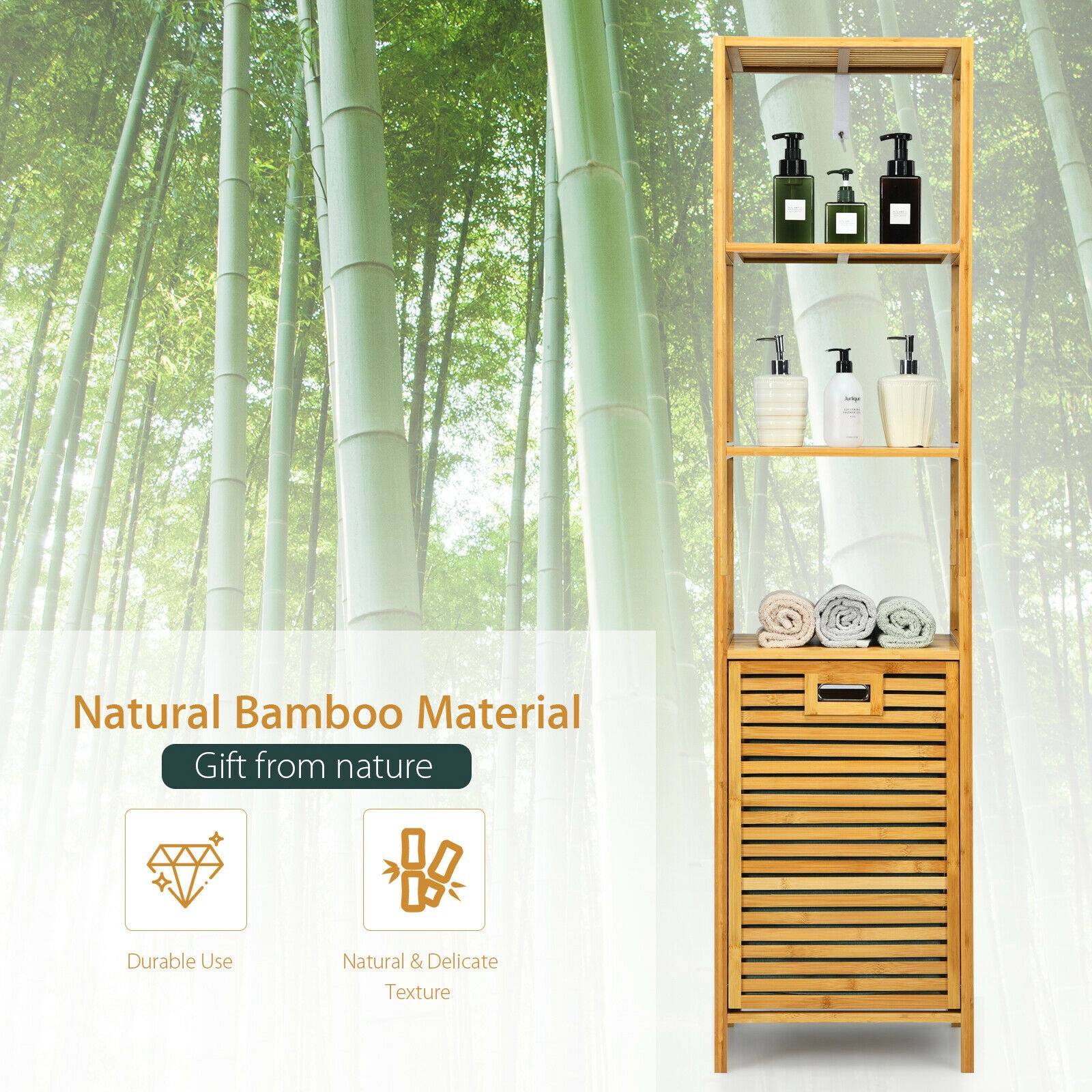 Glintex Bamboo Hamper Tower with Tilt-Out Bin and 3 Storage Shelves, Natural