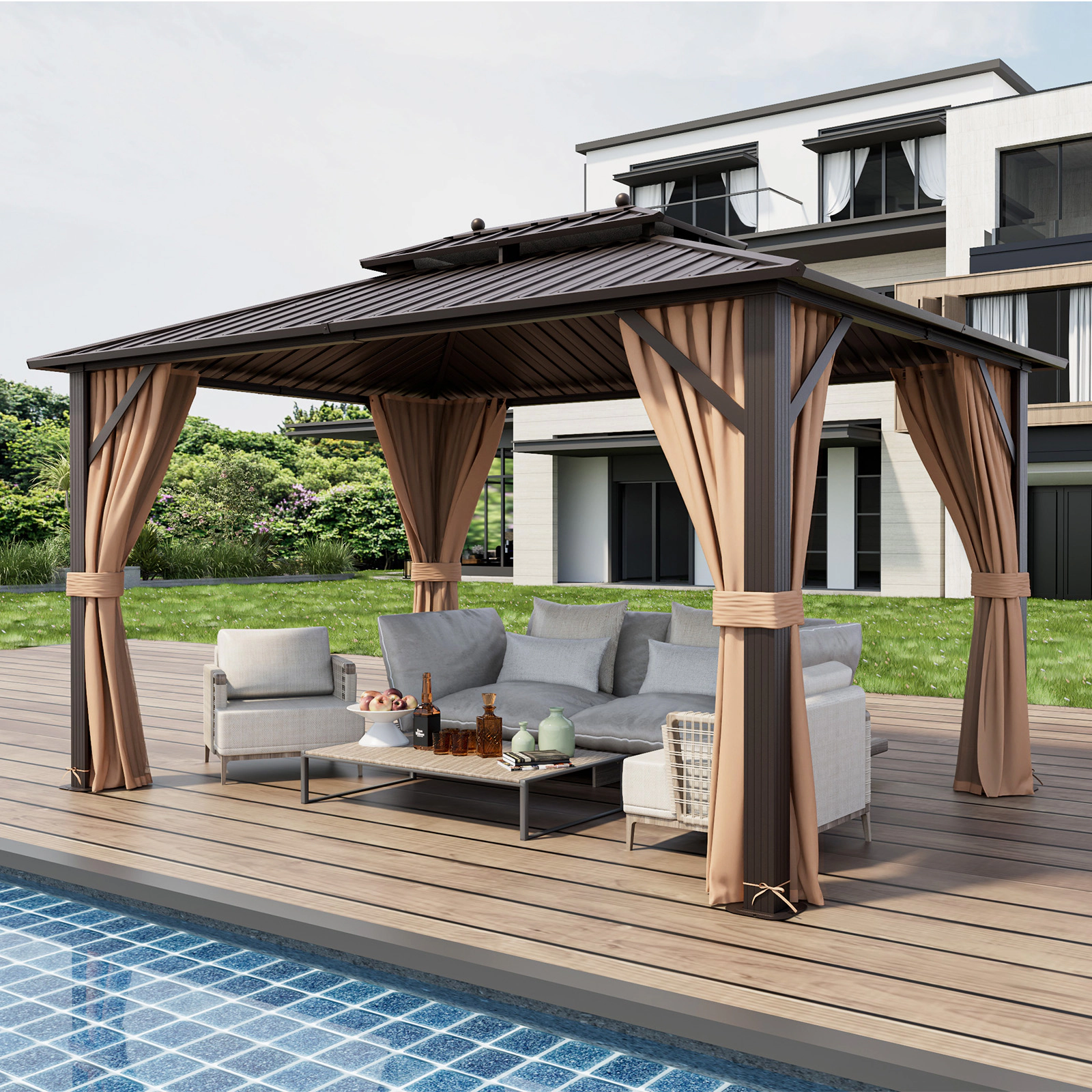 SUGIFT Coffee Galvanized Steel Roof Netting and Curtains 13 x 10 ft Double-Roof Hardtop Gazebo