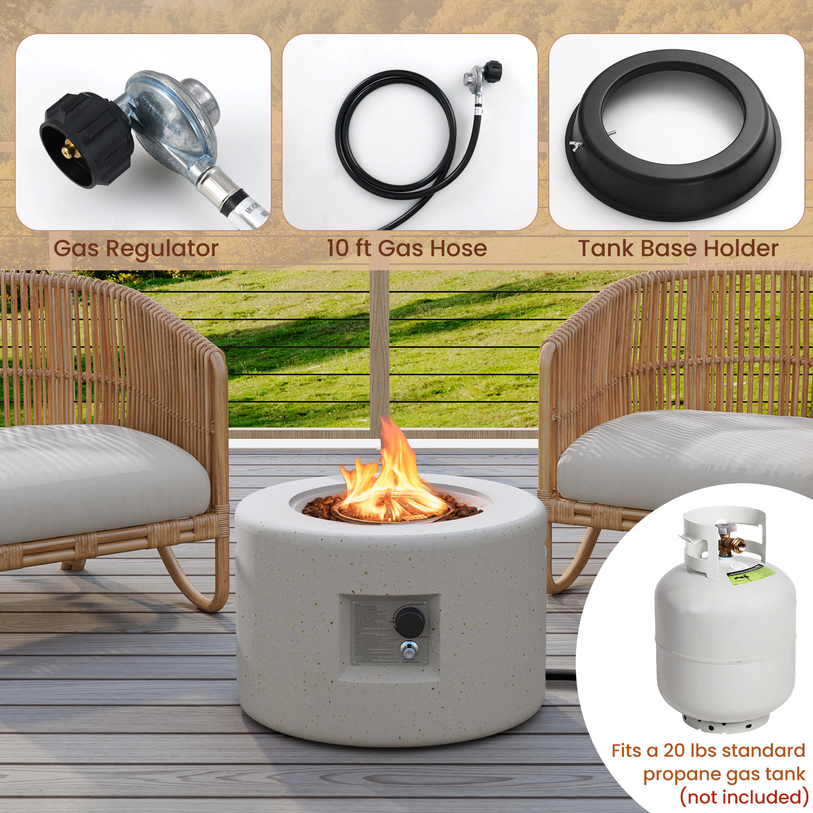 SUGIFT 25.5-Inch Round 40,000 BTU Terrazzo Propane Fire Pit Table with Lava Rocks and PVC Cover
